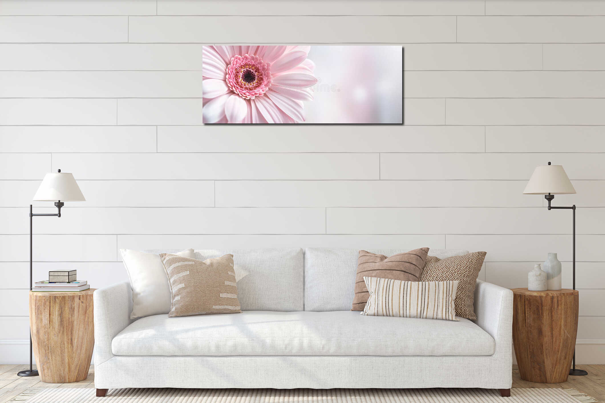 Delicate pink gerbera daisy blooms in soft light interior mockup