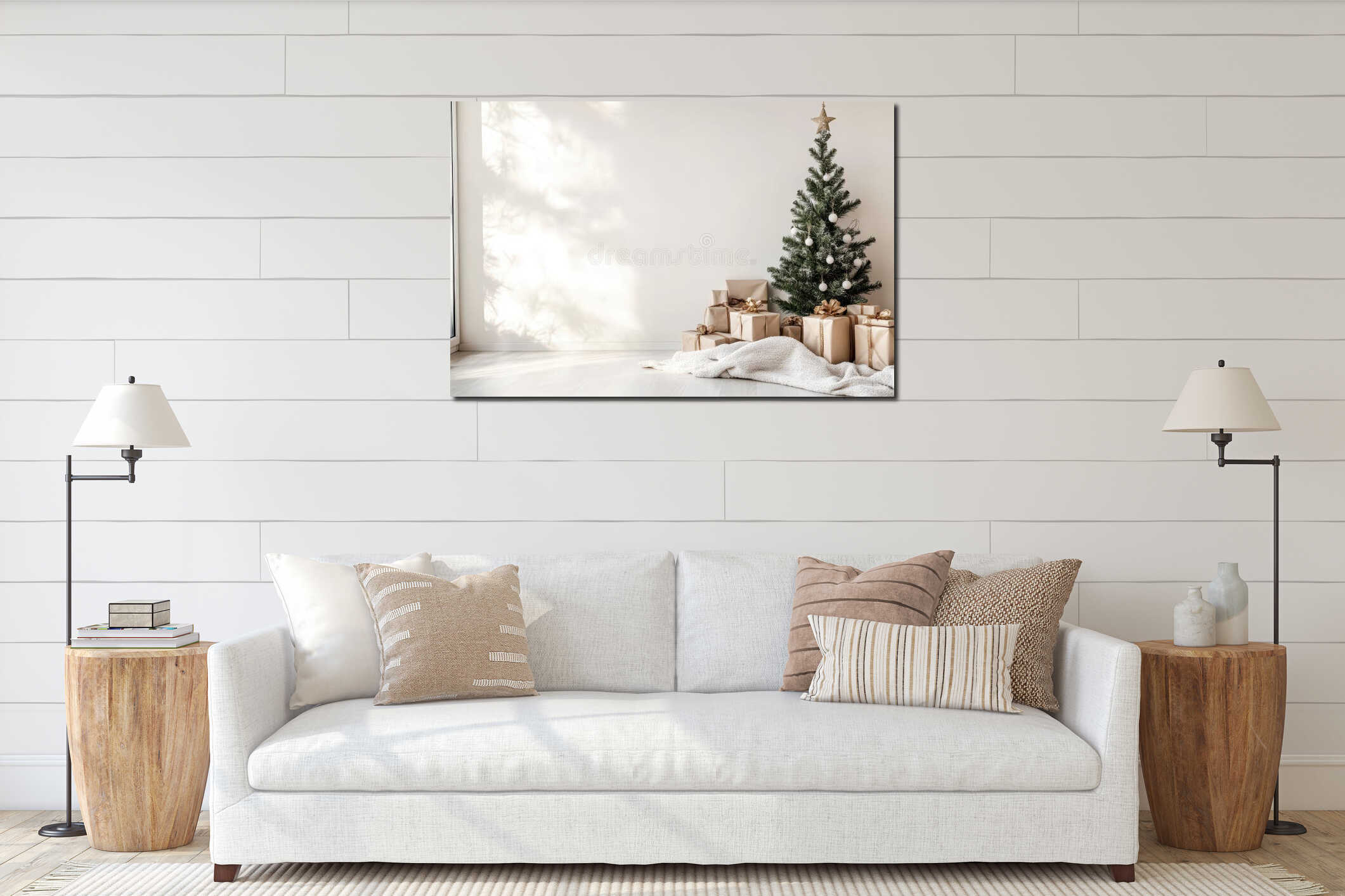 Christmas living room with wreath and cozy armchair interior mockup