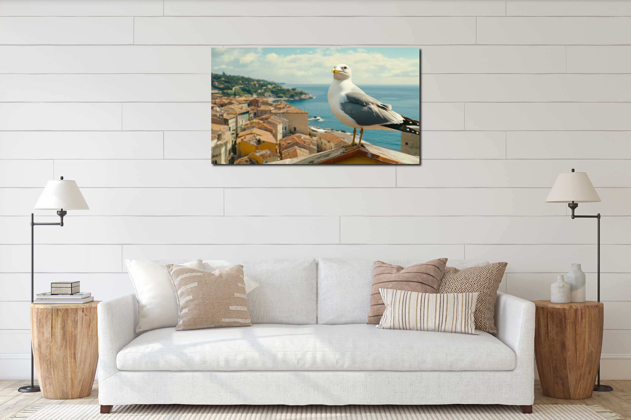 Seagull standing on the edge of a rooftop overlooking a cityscape with the sea in the background on a clear day. interior mockup