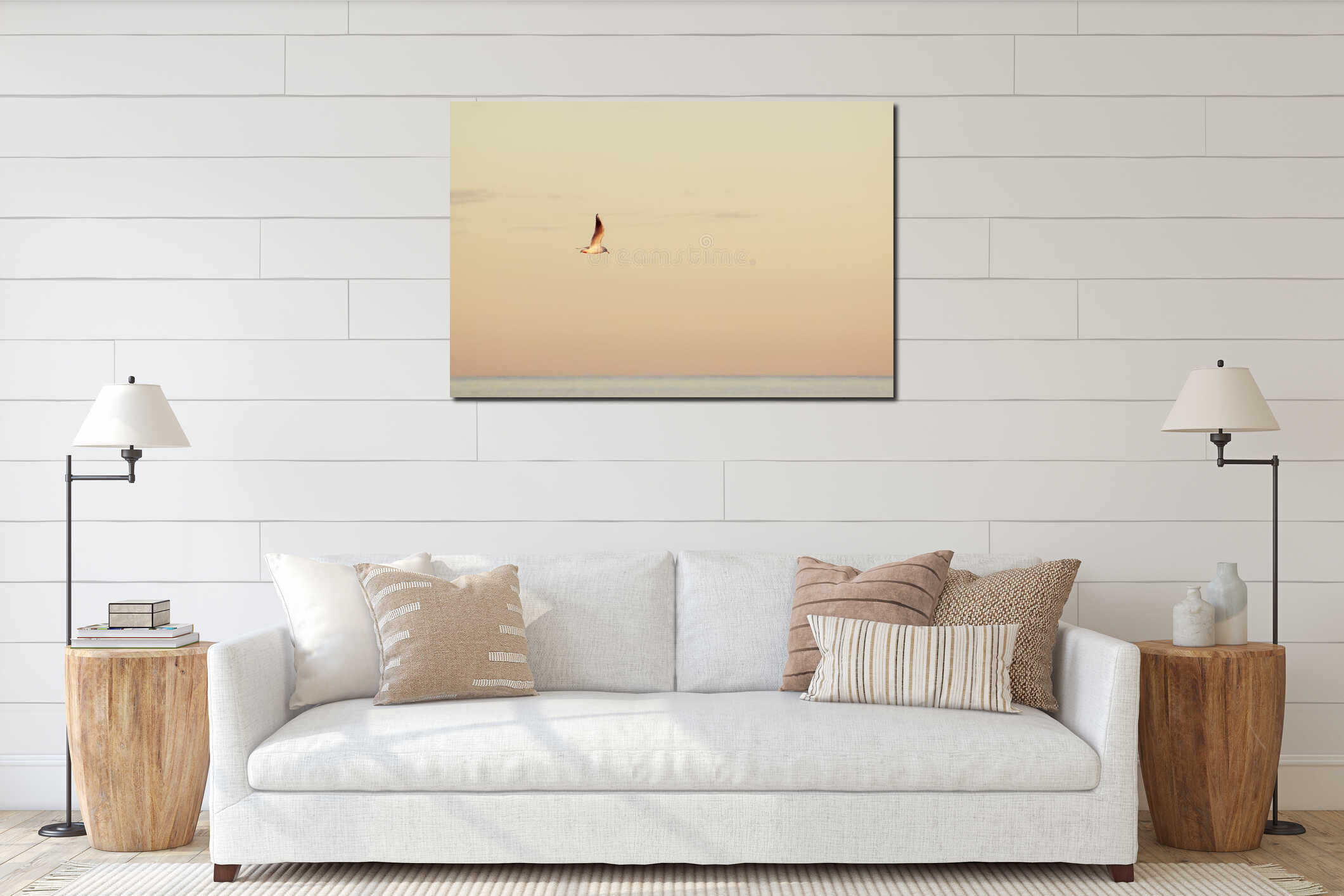 Seagull flying over the calm sea, bright painted sky interior mockup