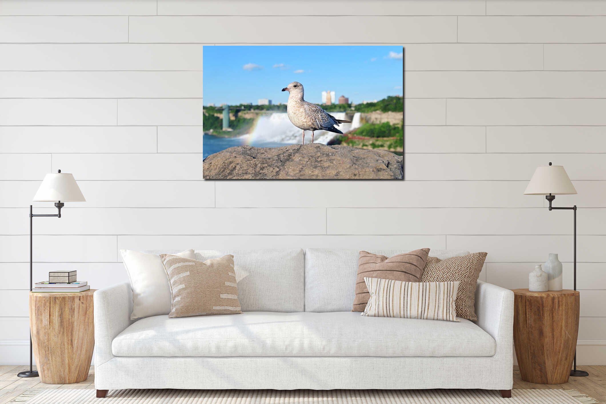 Pretty seagull posing proudly in front of Niagara Falls interior mockup