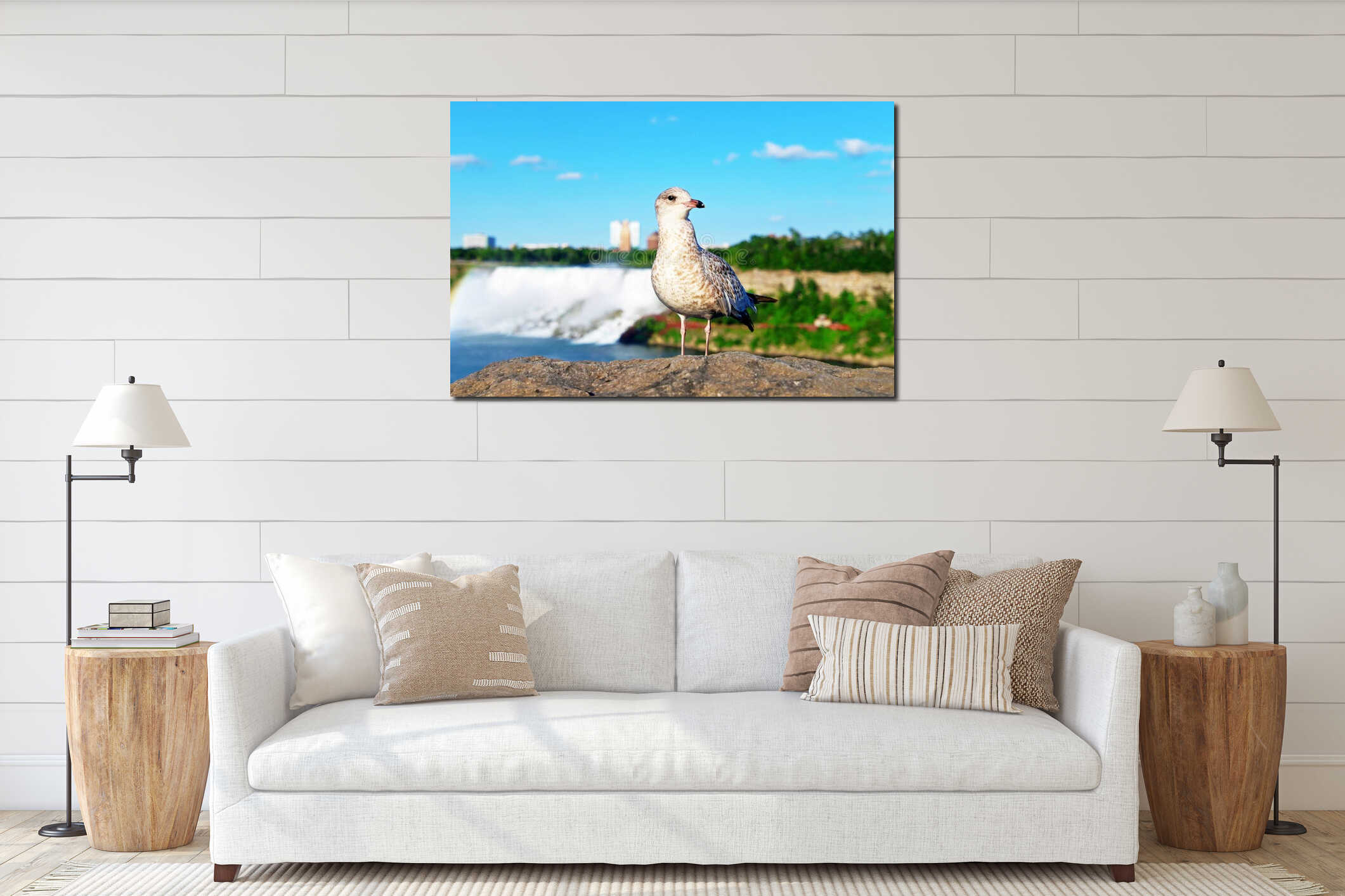 Pretty seagull posing proudly in front of Niagara Falls interior mockup