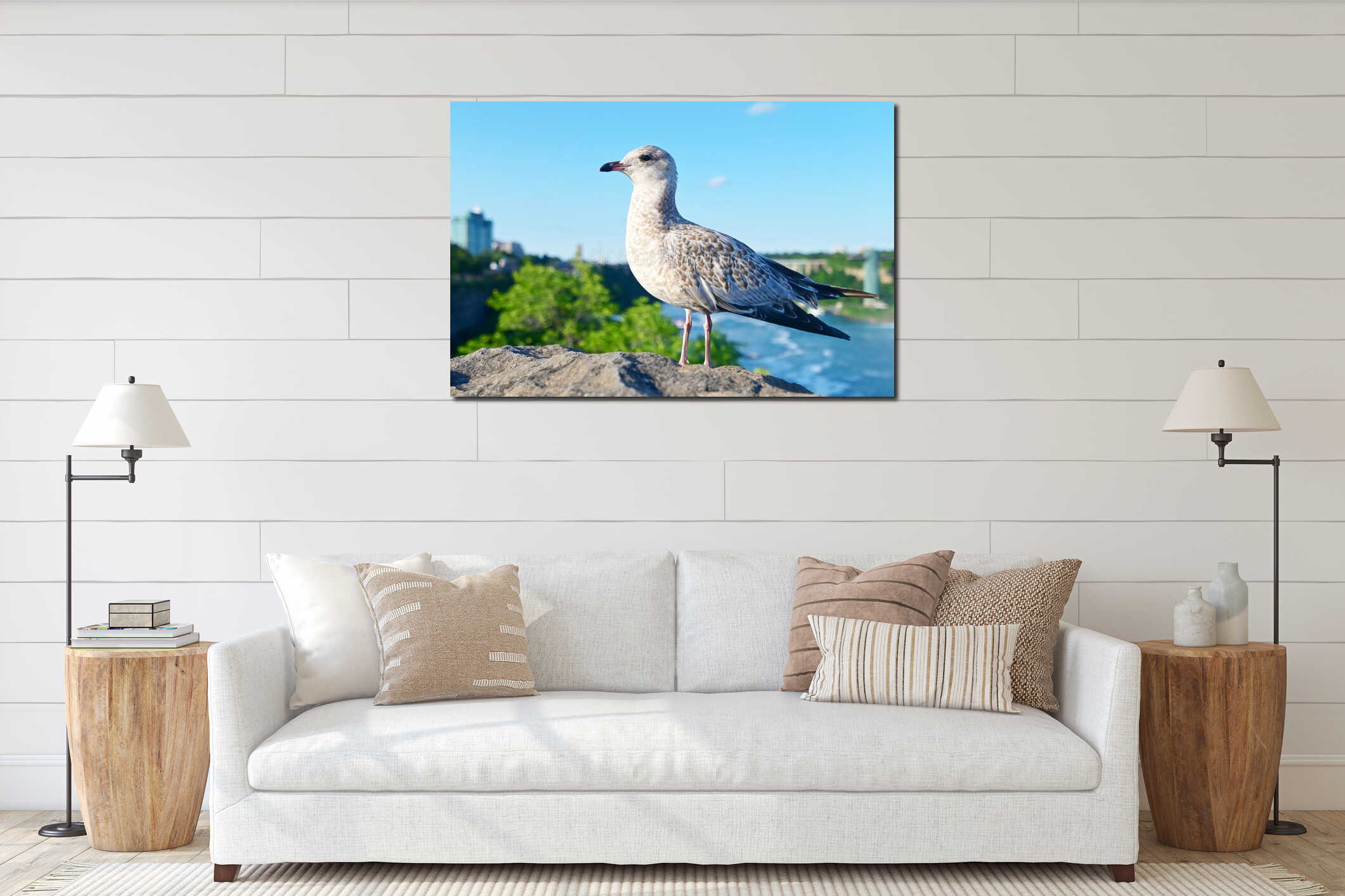 Pretty seagull posing proudly in front of Niagara Falls interior mockup