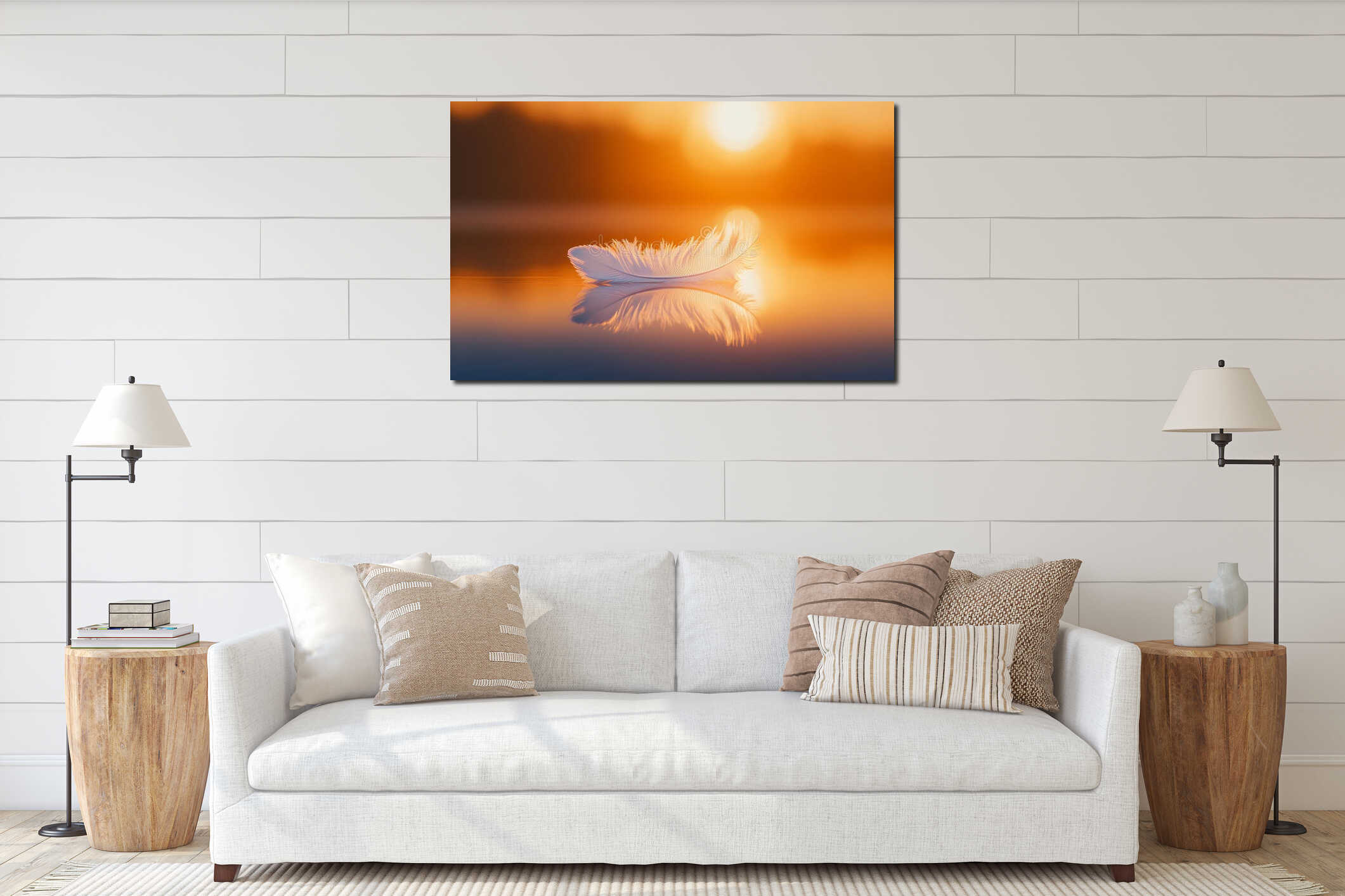 A delicate white feather floats on water, reflecting in the golden light of sunset, creating a serene and poetic scene interior mockup