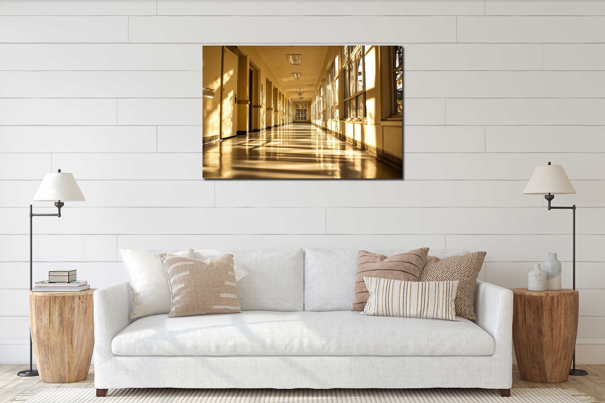 Sunlit hospital corridor with long shadows and clean white walls interior mockup