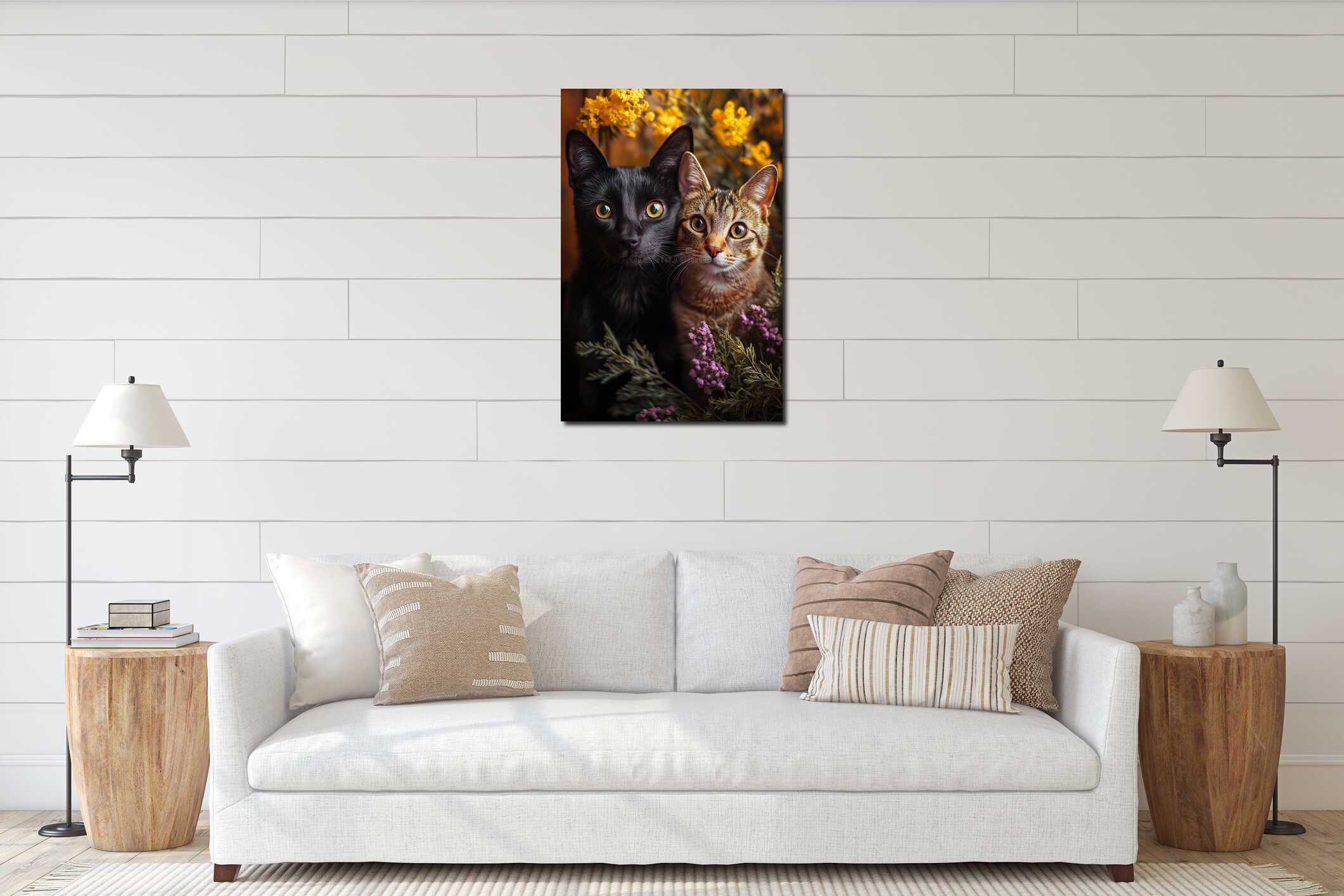 A couple of cats sitting next to each other in a bunch of flowers interior mockup
