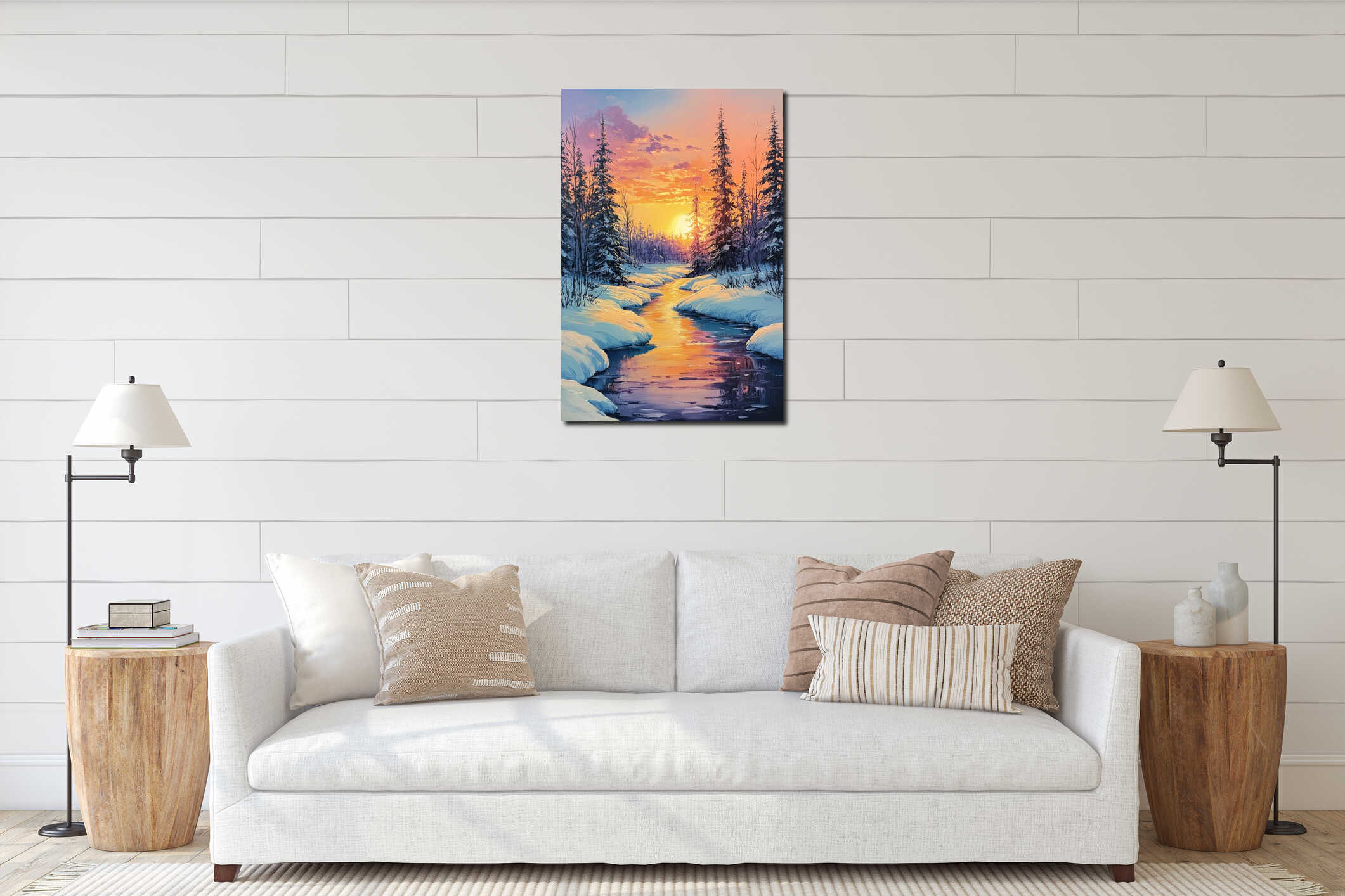 A serene winter sunset reflects on a winding stream surrounded by snow covered trees interior mockup
