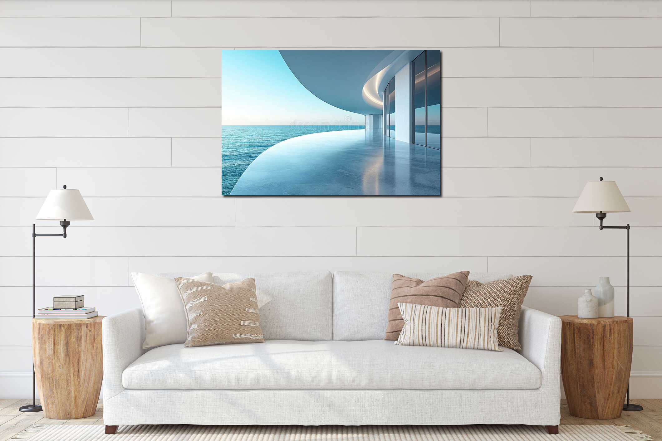 Modern architectural terrace overlooking calm ocean waves during a serene sunset interior mockup