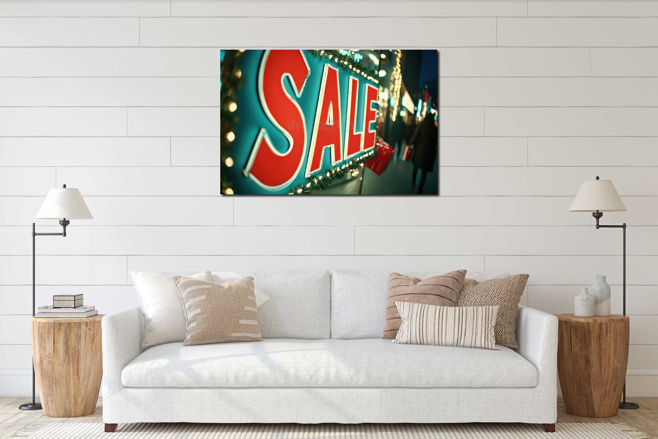 Vibrant sale sign illuminated with festive lights, attracting shoppers attention interior mockup