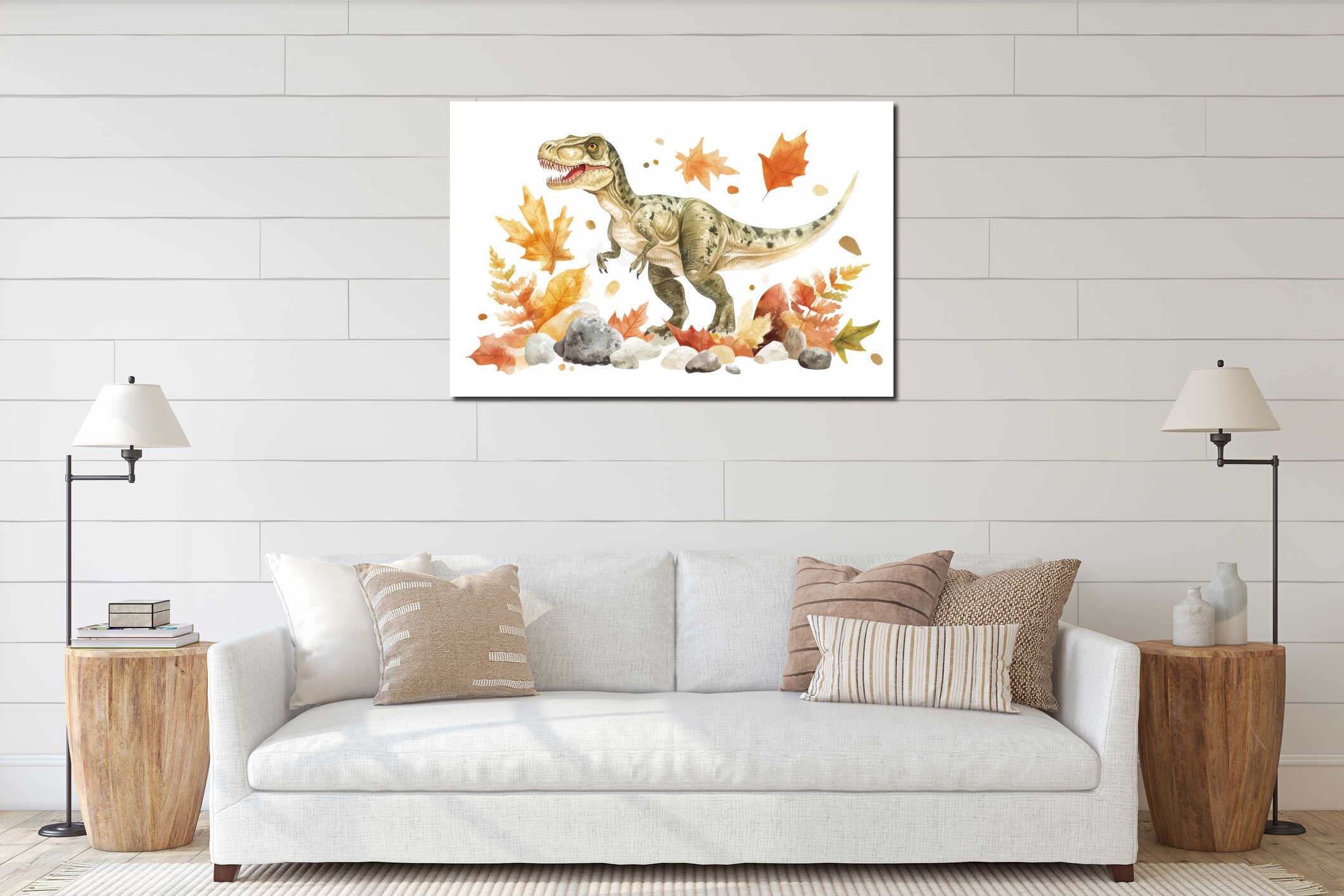 A detailed watercolor illustration featuring a majestic Tyrannosaurus rex surrounded by a variety interior mockup