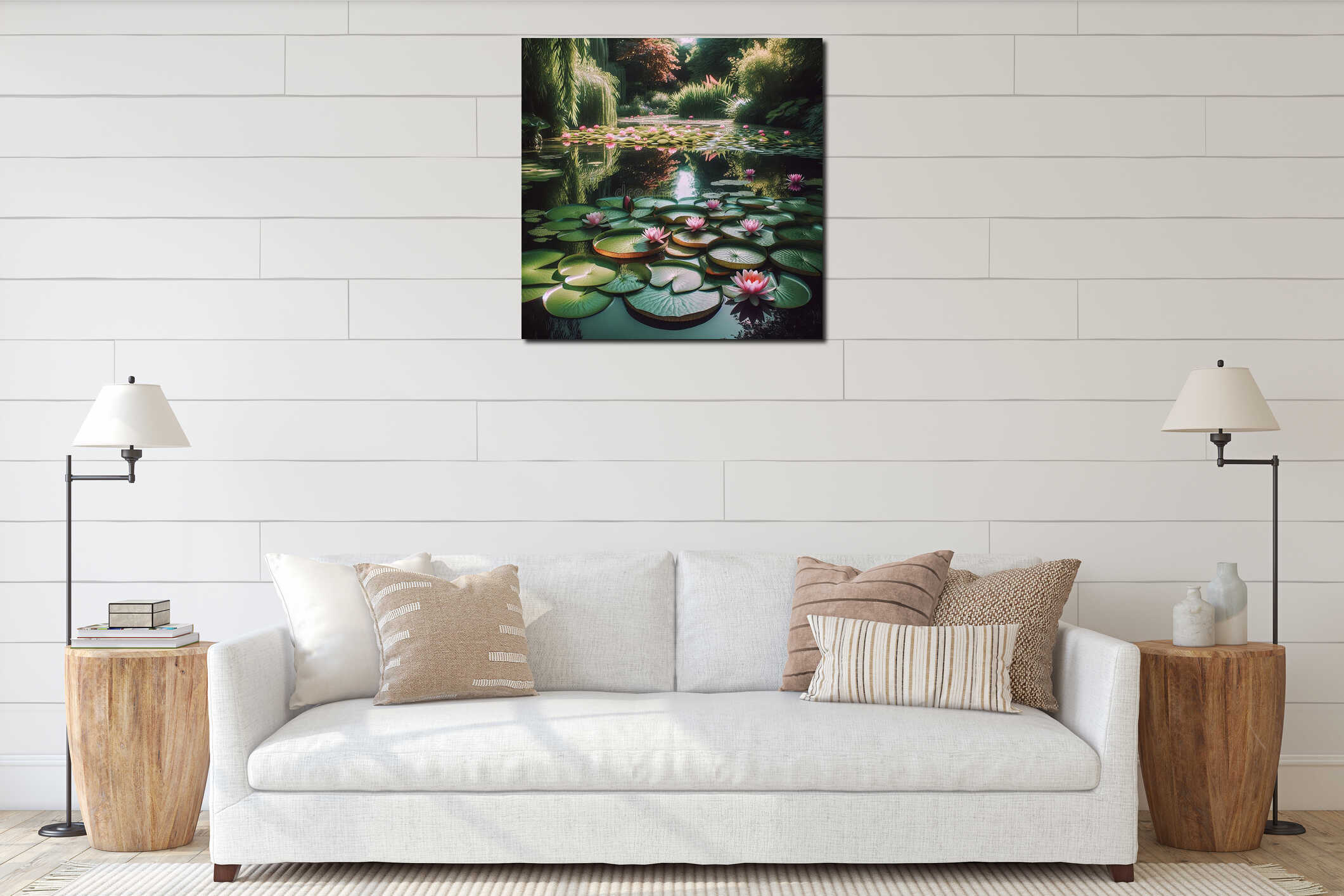Generated image of A serene lily pond with large green leaves and pink water lilies floating gracefully on the surface. interior mockup