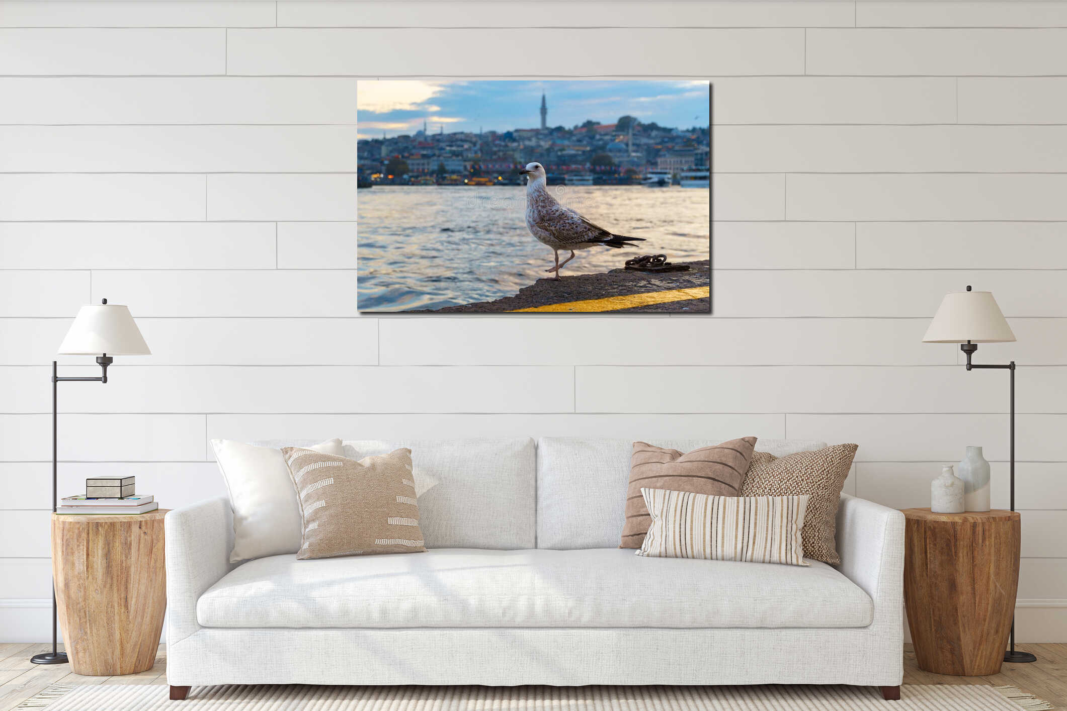 seagull in front of cityscape of Istanbul, Turkey, view to the Golden Horn Bay and architecture of city and ships and interior mockup