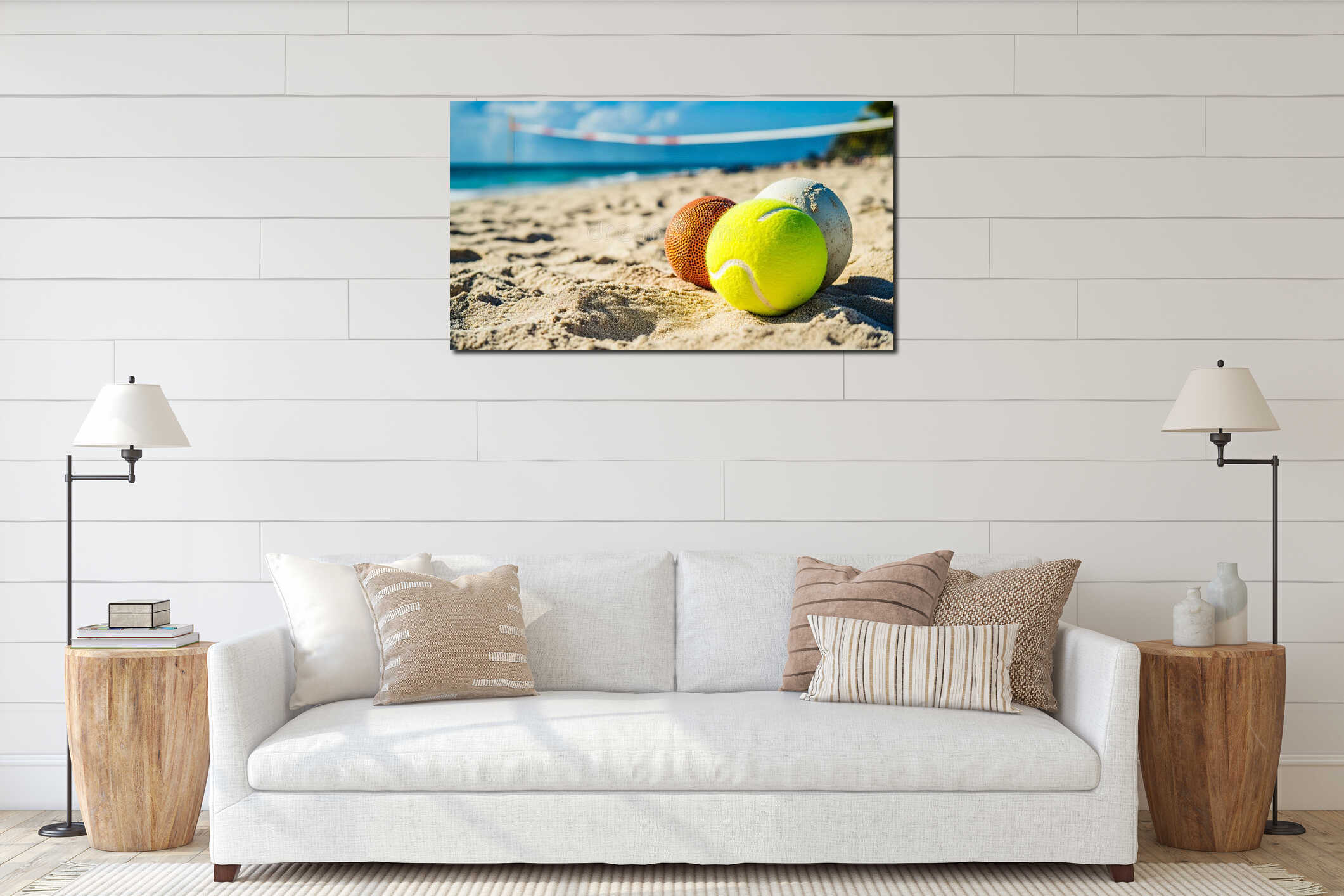 A couple of tennis balls sitting on top of a sandy beach interior mockup