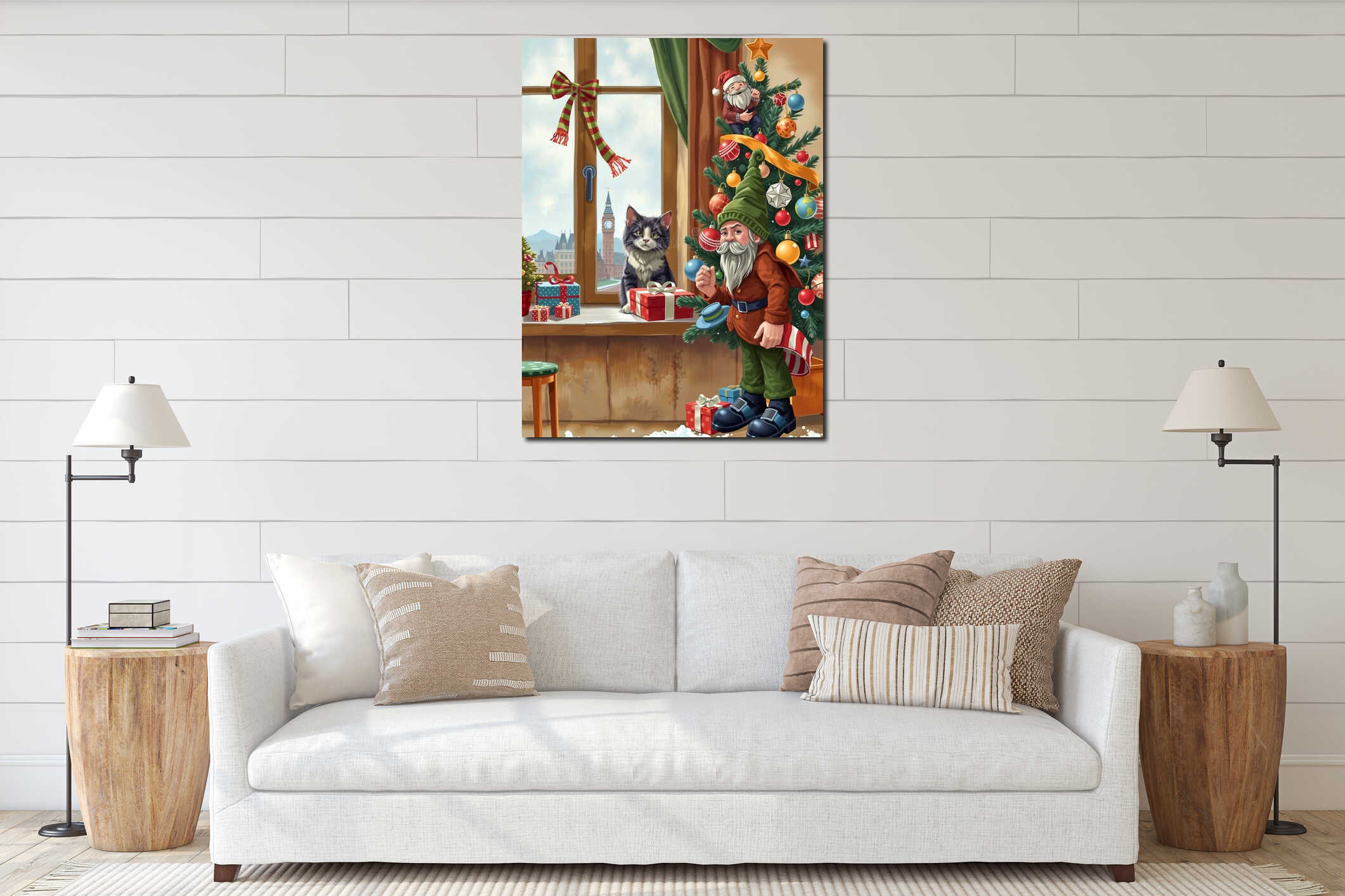 The image depicts a festive indoor scene with a Christmas tree adorned with ornaments and a gnome figure, a cat sitting interior mockup