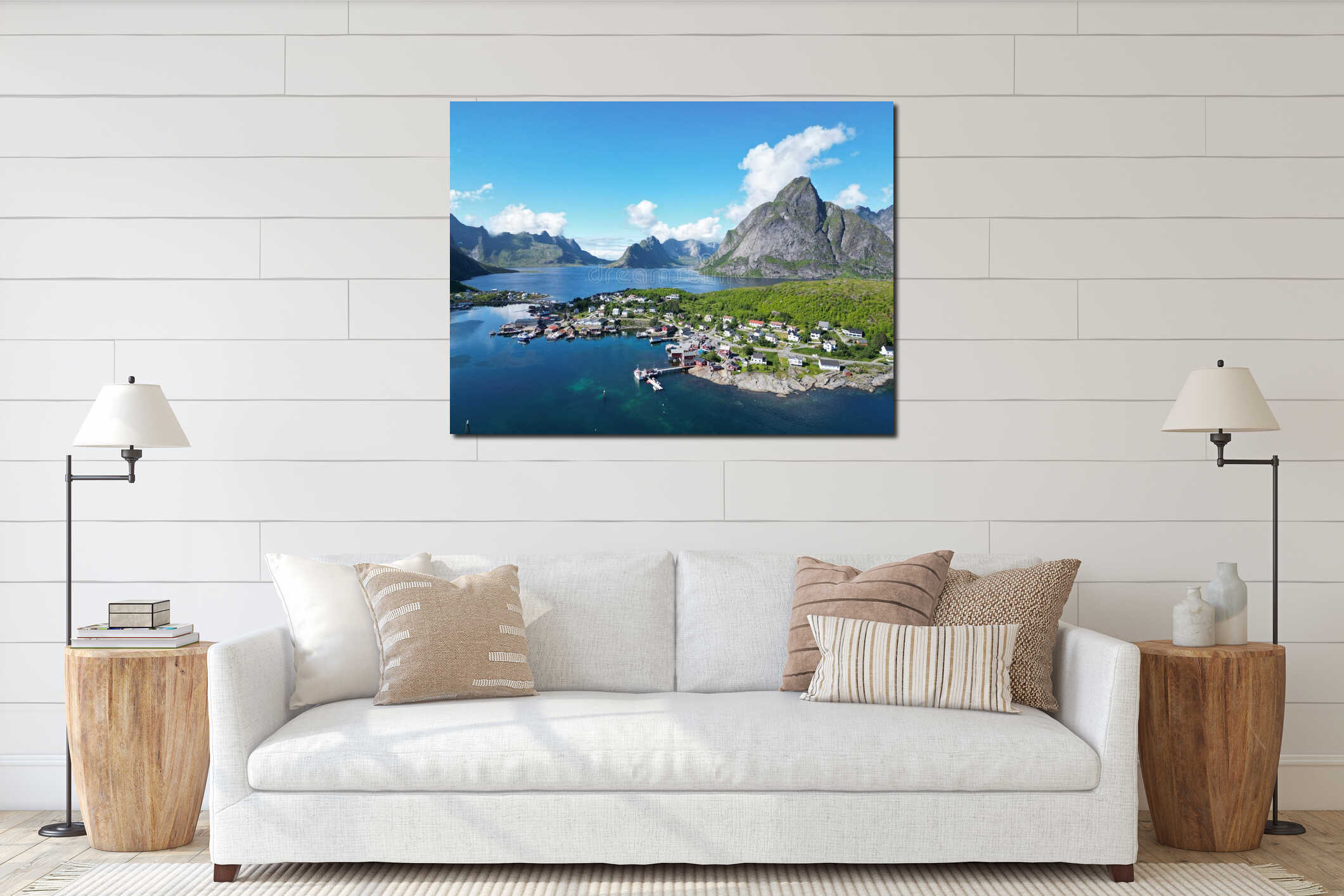 Aerial view of Reine in Lofoten Islands, Norway at summer interior mockup