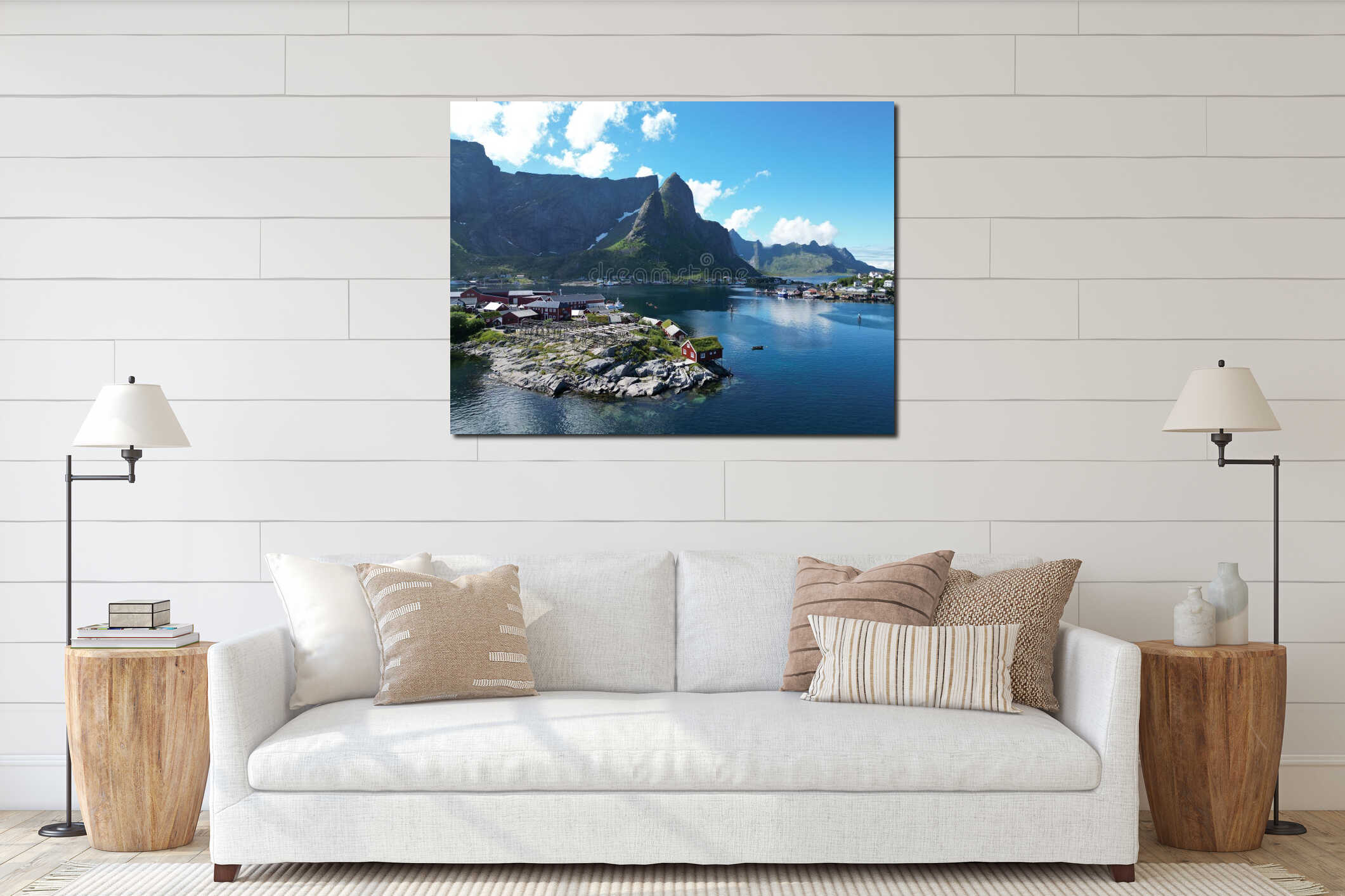 Aerial view of Reine in Lofoten Islands, Norway at summer interior mockup
