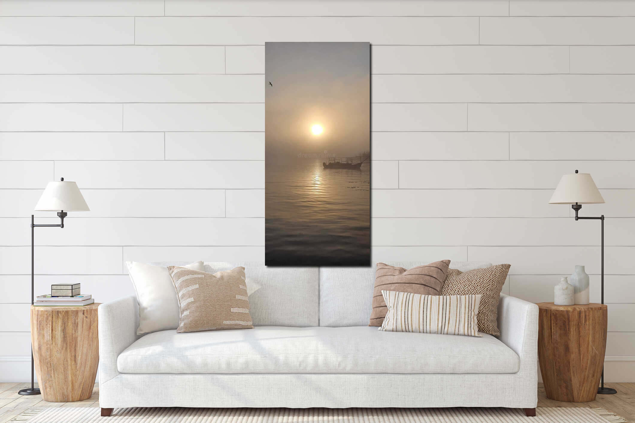 Foggy day over the river interior mockup