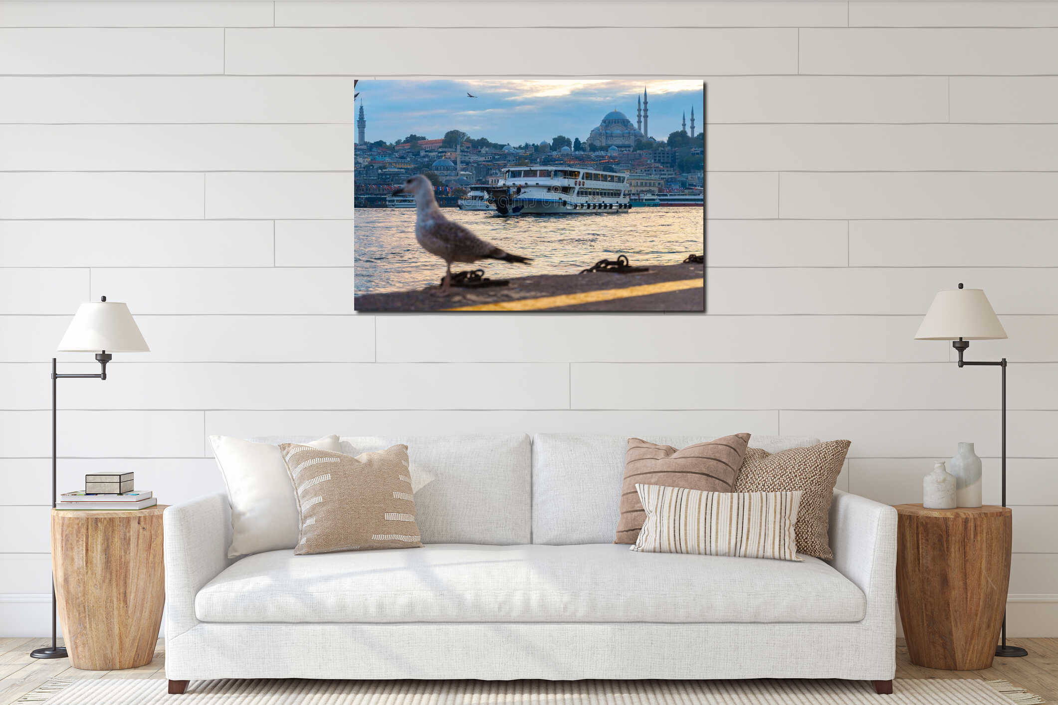 seagull in front of cityscape of Istanbul, Turkey, view to the Golden Horn Bay and architecture of city and ships and interior mockup