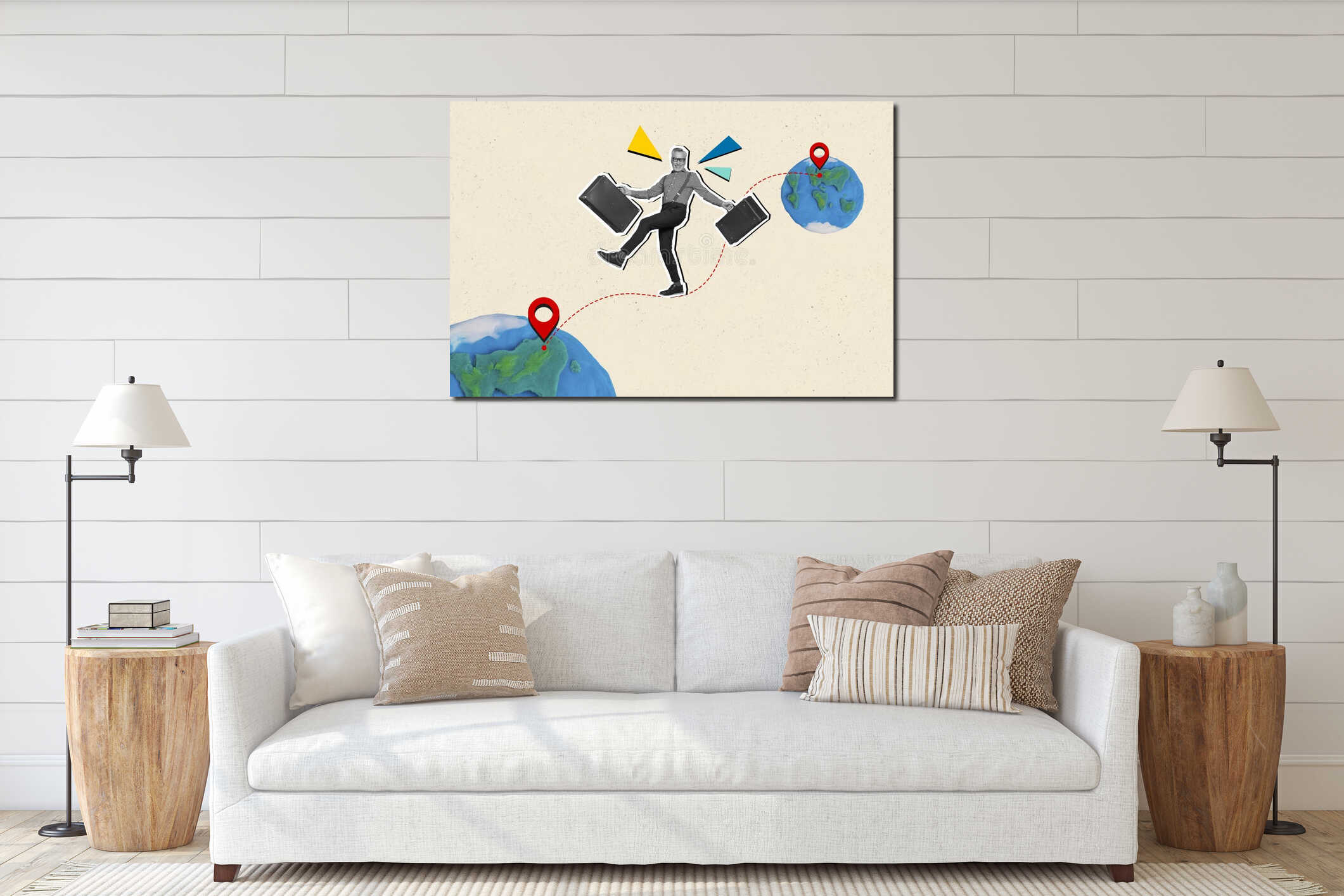 Composite trend sketch image photo collage of summer vacation travel trip tourism way journey geo point aged man walk interior mockup