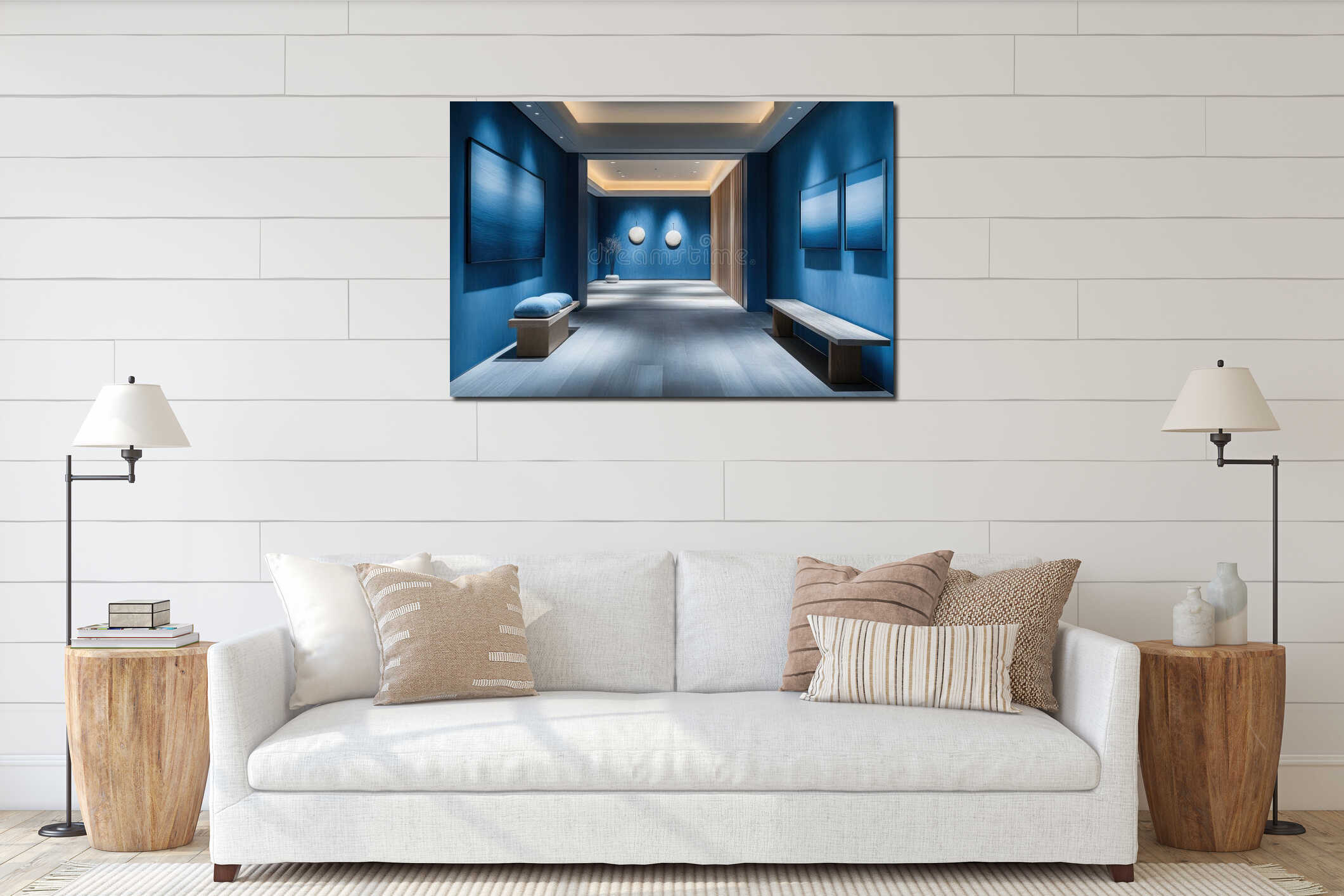 interior design, the hallway has an art gallery vibe with oceanic blue colors, statement lighting, and minimalist decor interior mockup