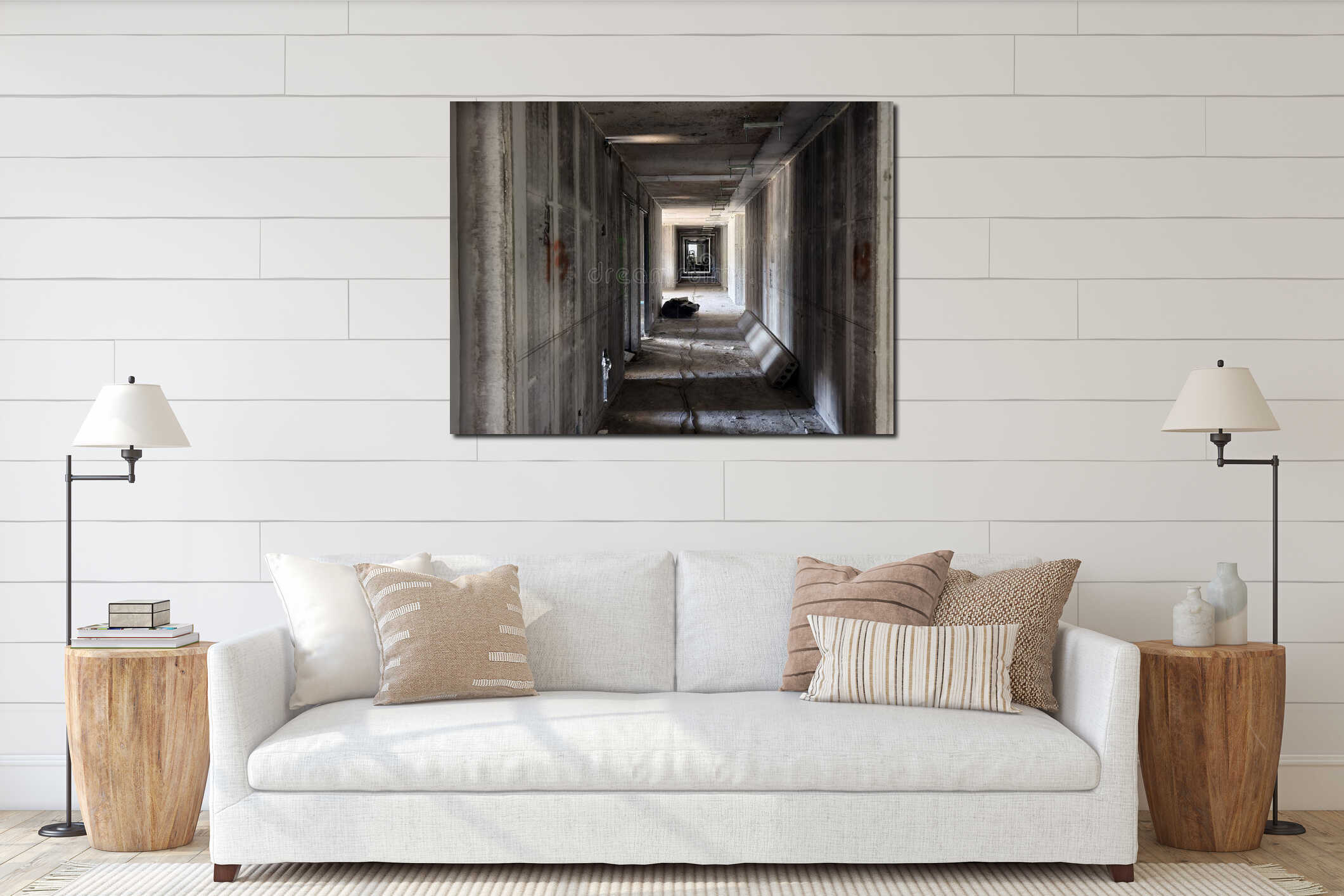A long hallway featuring sturdy concrete walls and floor interior mockup