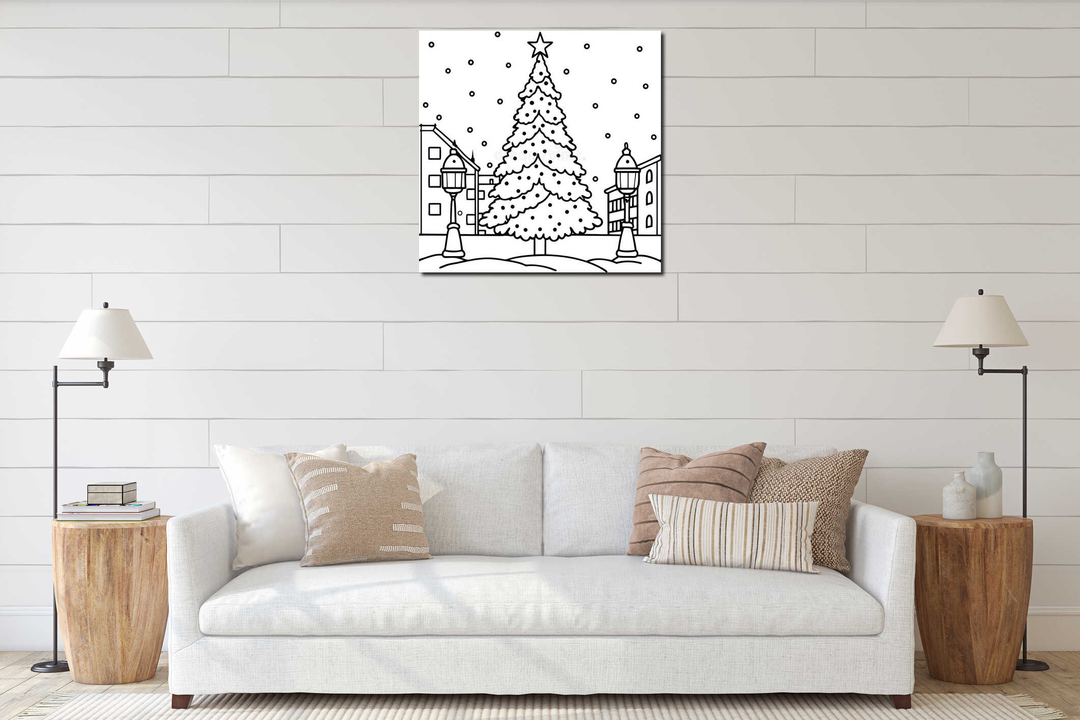 Christmas tree decorated illuminated on snowy evening winter city street in New York interior mockup