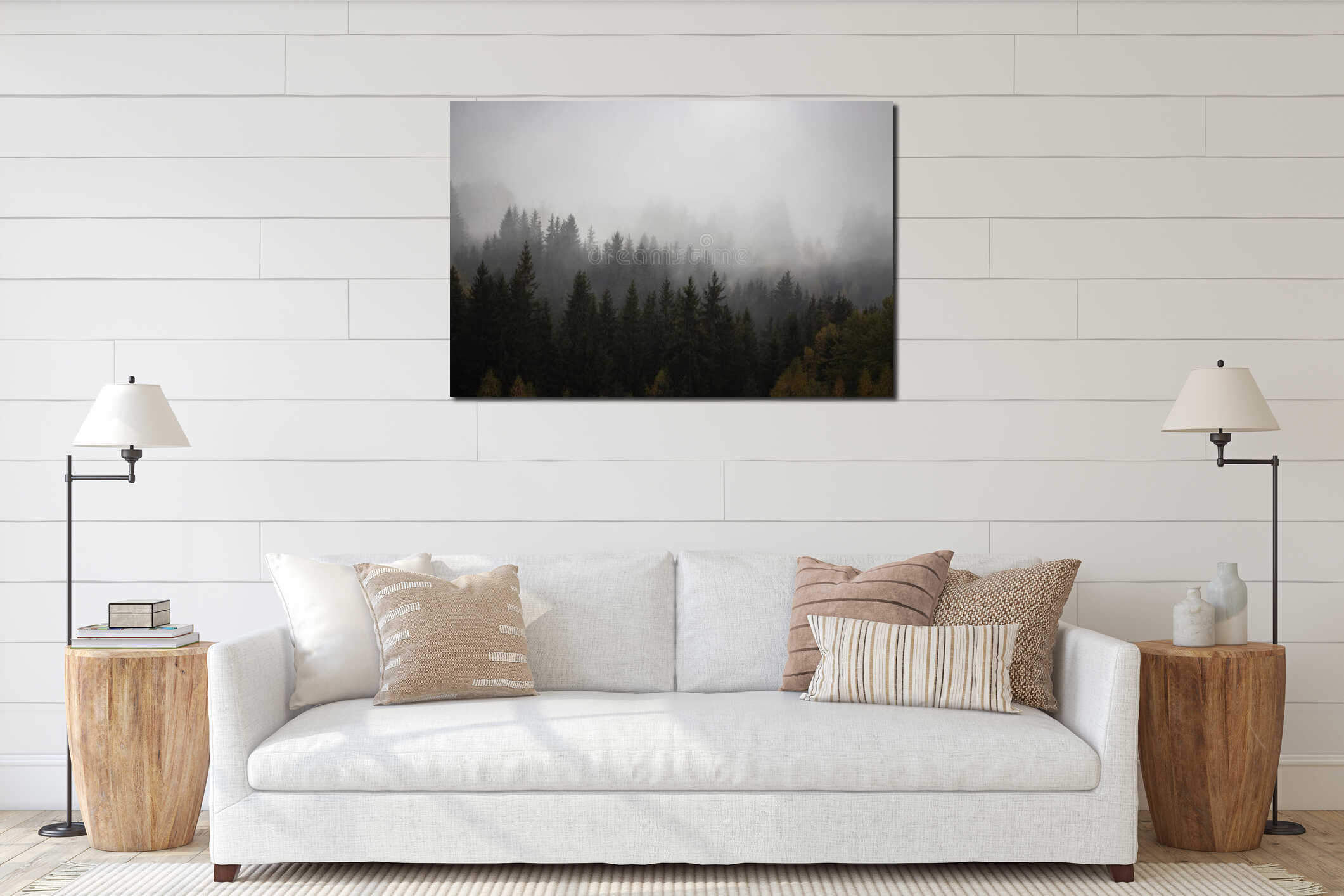 Foggy forest with pine trees in the mountains with copy space. Mist in autumn mountains. Tranquil scene of foggy landscape interior mockup