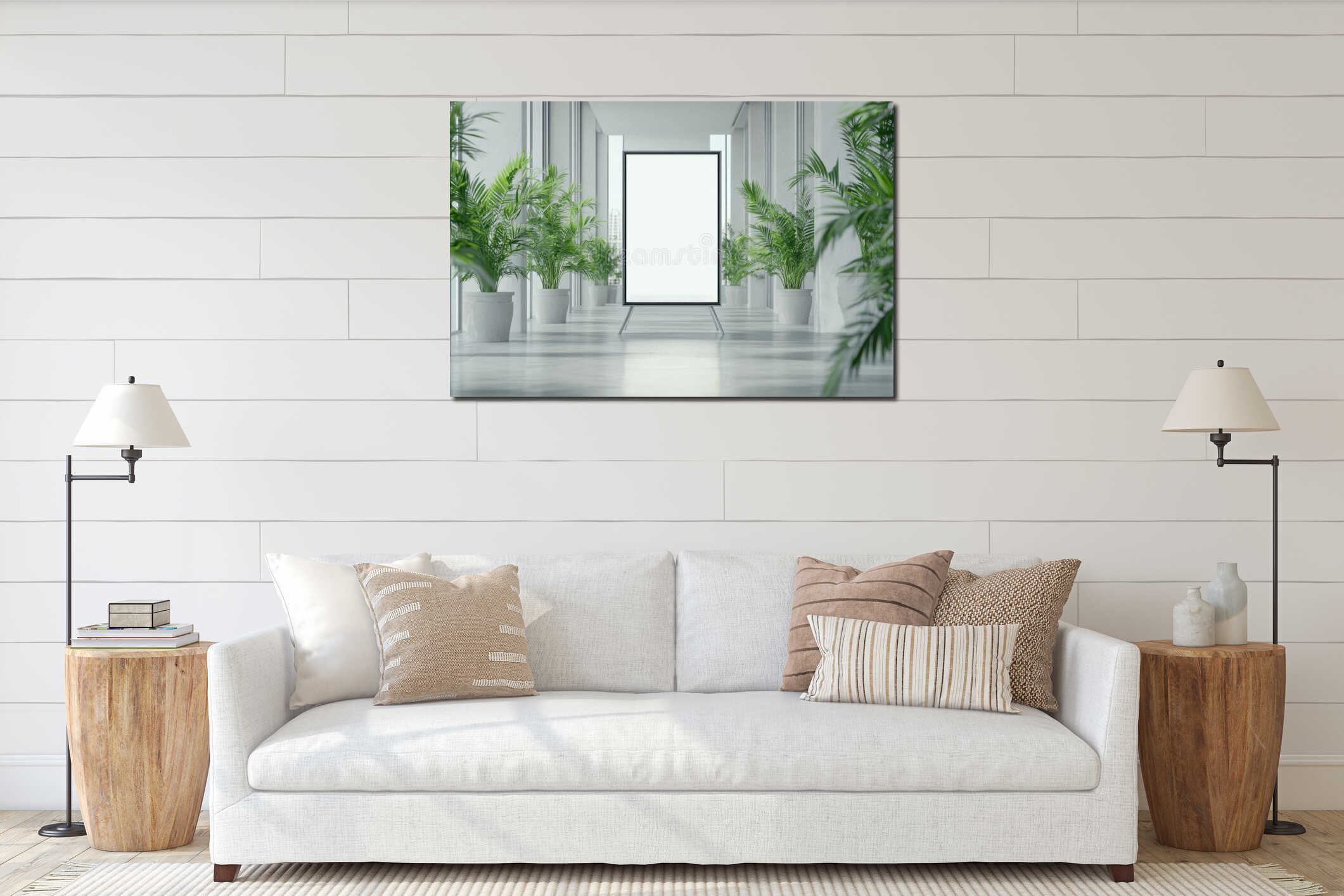 A long hallway lined with potted plants leading to a door interior mockup