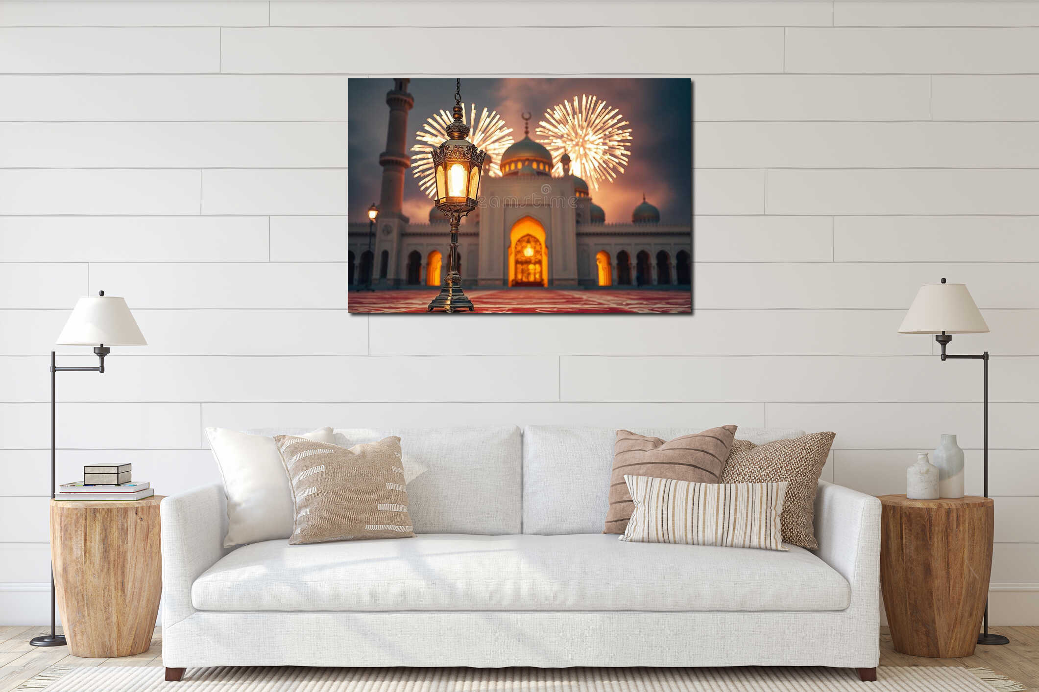 Free Photo Ramadan Kareem Eid Mubarak Royal Elegant Lamp with Mosque Holy Gate with fireworks interior mockup