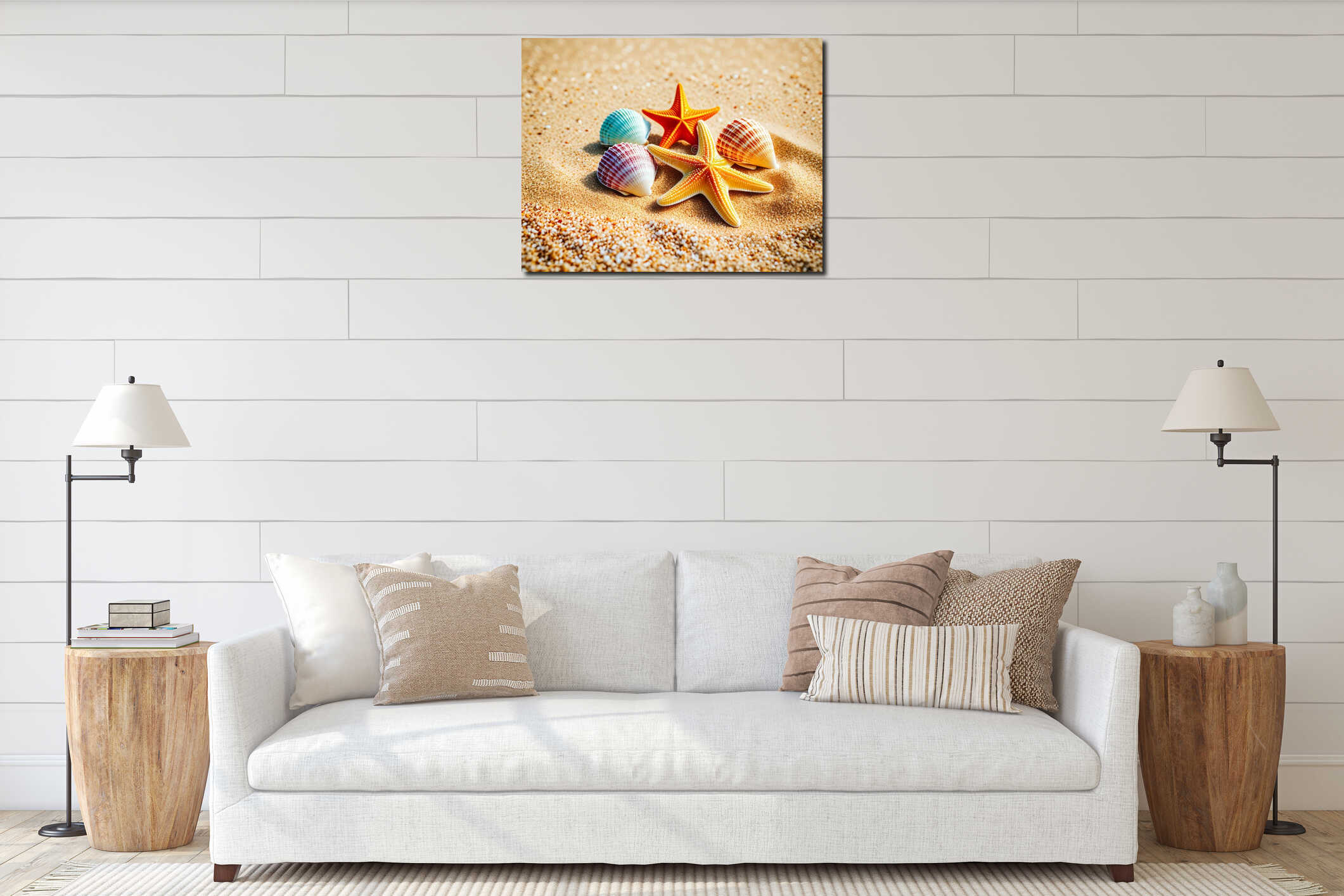 Vibrant seashells and starfish on sunny beach sand interior mockup