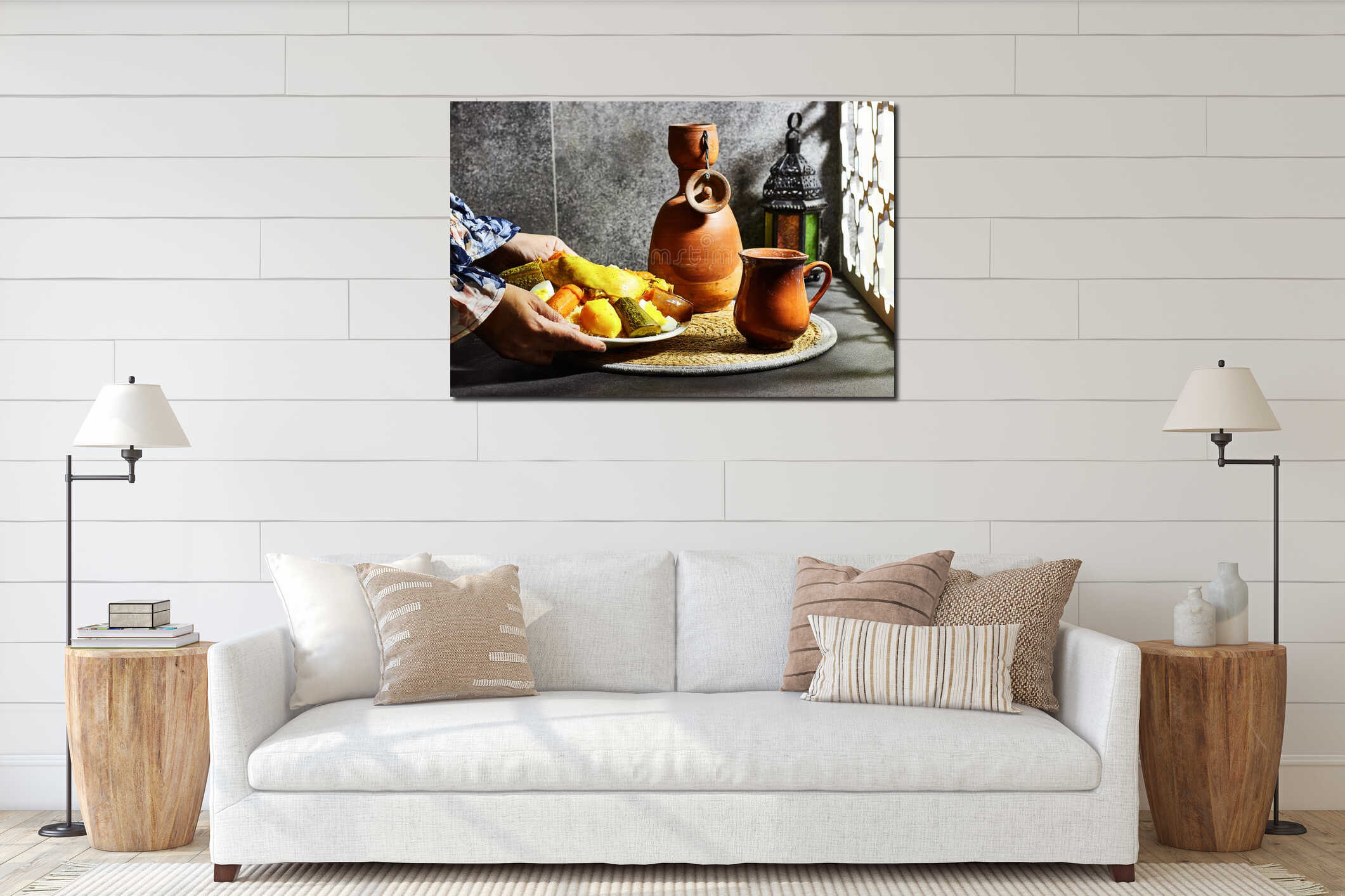 hand hold a chicken Meat and vegetable couscous in a tajine plate interior mockup