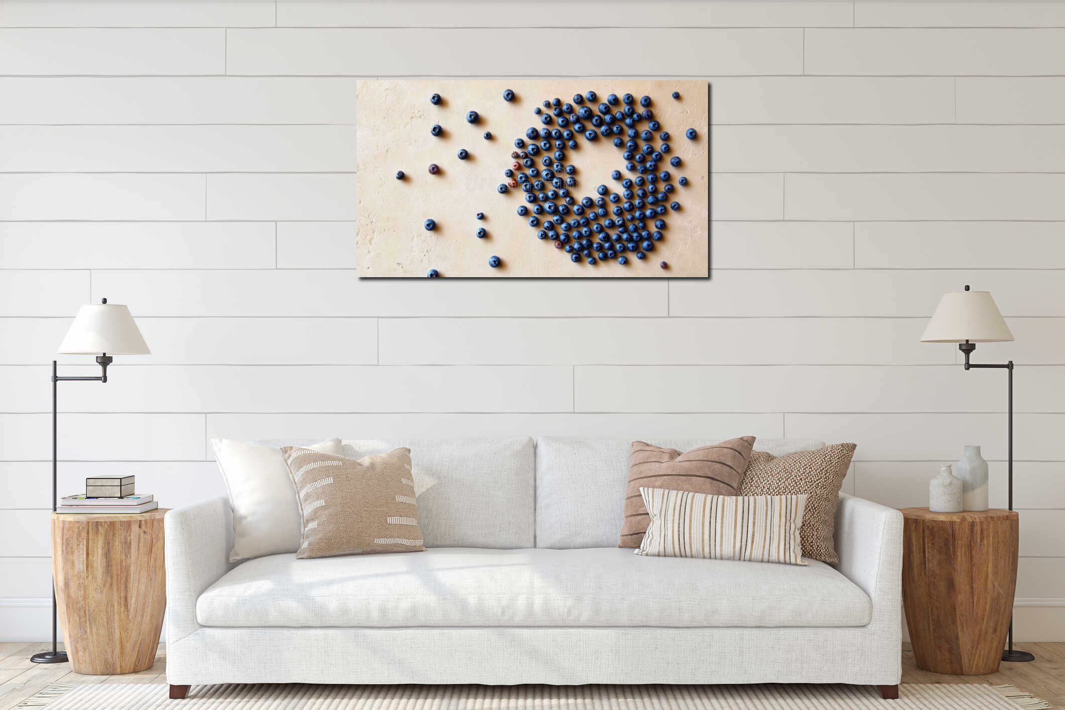Creative arrangement of fresh blueberries on textured beige surface interior mockup