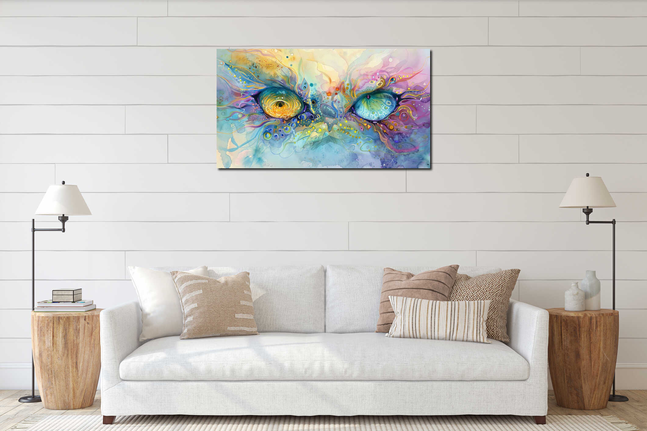 Whimsical Watercolor Illustration Featuring Vibrant Animal Eyes and Abstract Patterns Exploring Creativity, Imagination interior mockup