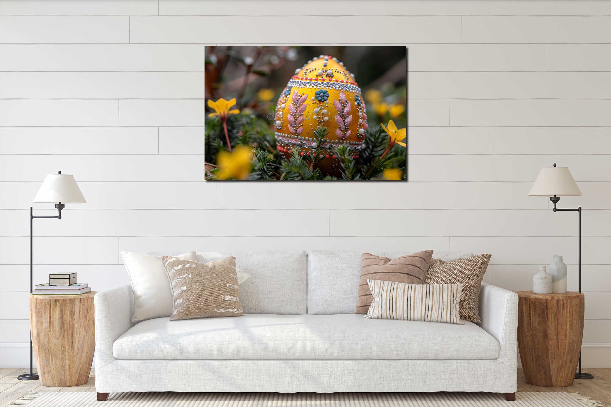Intricately Decorated Easter Egg Amidst Spring Blooms for Holiday Celebration Design Generative AI interior mockup