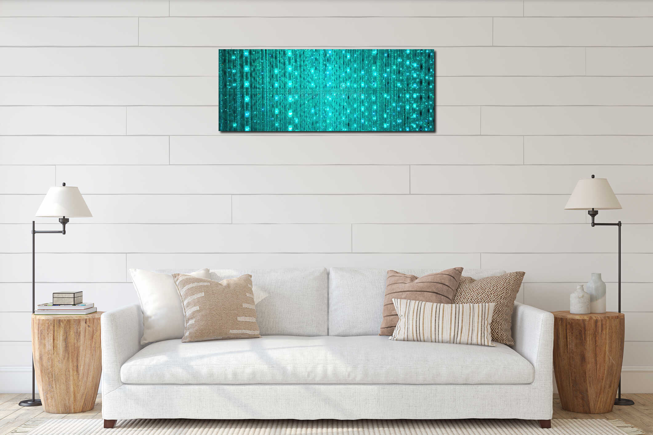 Blue and turquoise background of LED flashing, blinking and flickering bulbs interior mockup