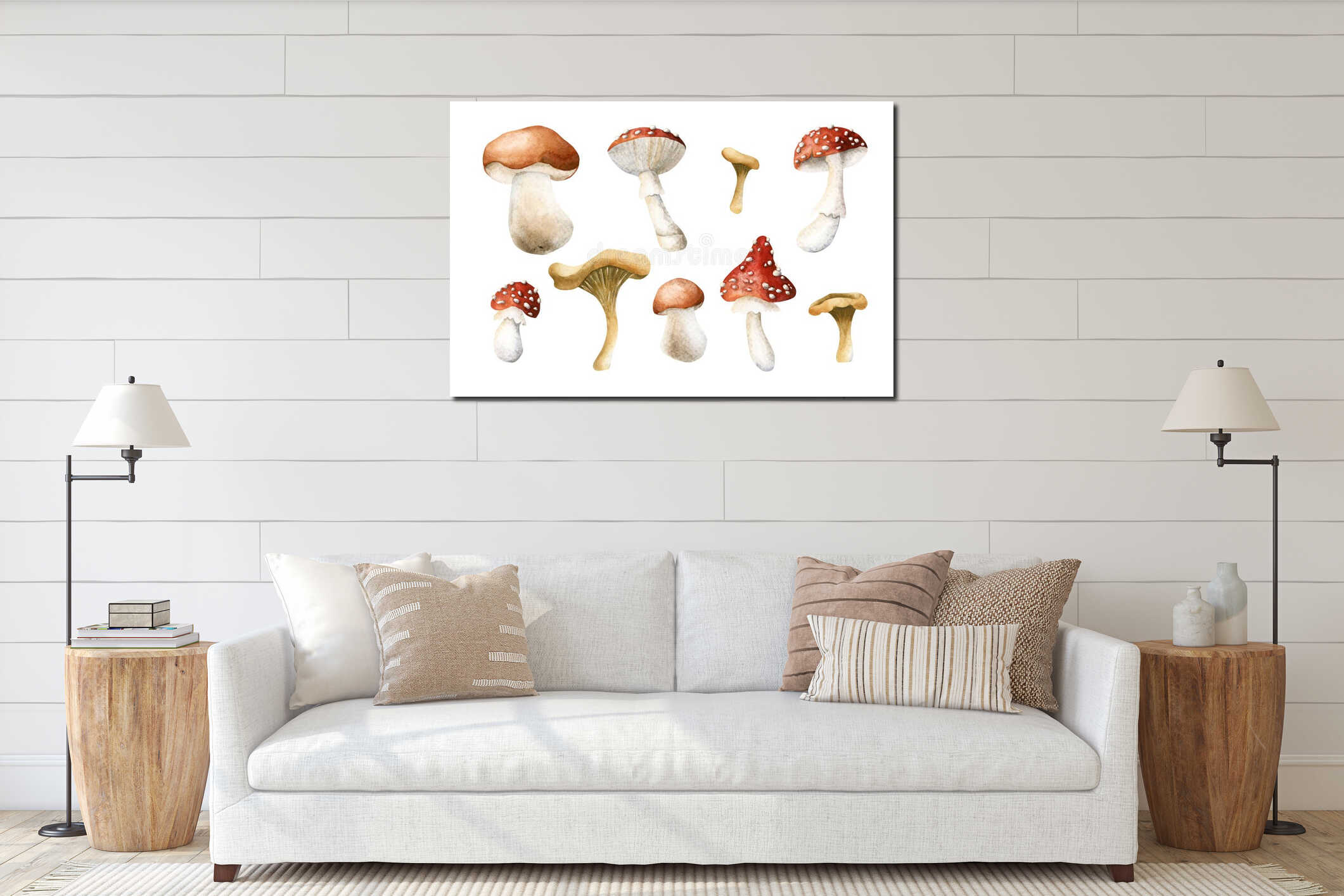 Mushroom set. Boletus, fly agaric and chanterelles. Watercolor hand drawn isolated floral illustration for fall design interior mockup