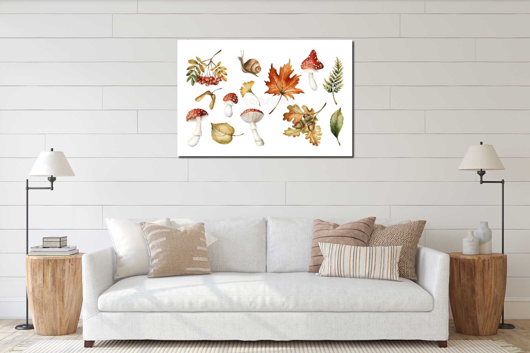 Autunm leaves, mushrooms, berries, seeds and snail. Set of watercolor solated floral food illustrations for fall design interior mockup