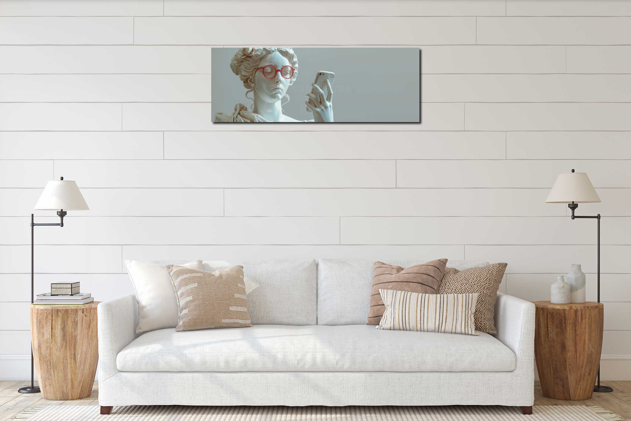 White classical sculpture with pink glasses using a smartphone, blending traditional art with modern technology and interior mockup