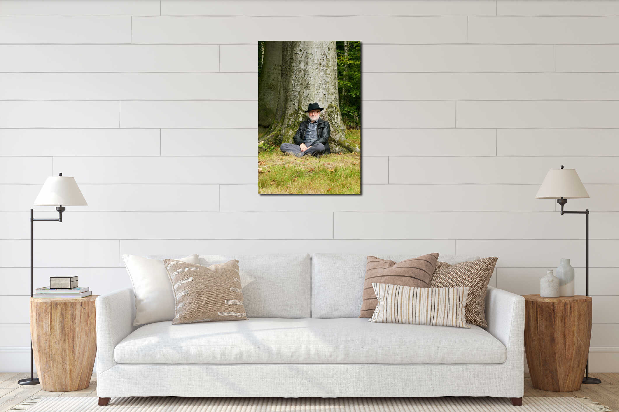 Old man sitting under tree in the park interior mockup