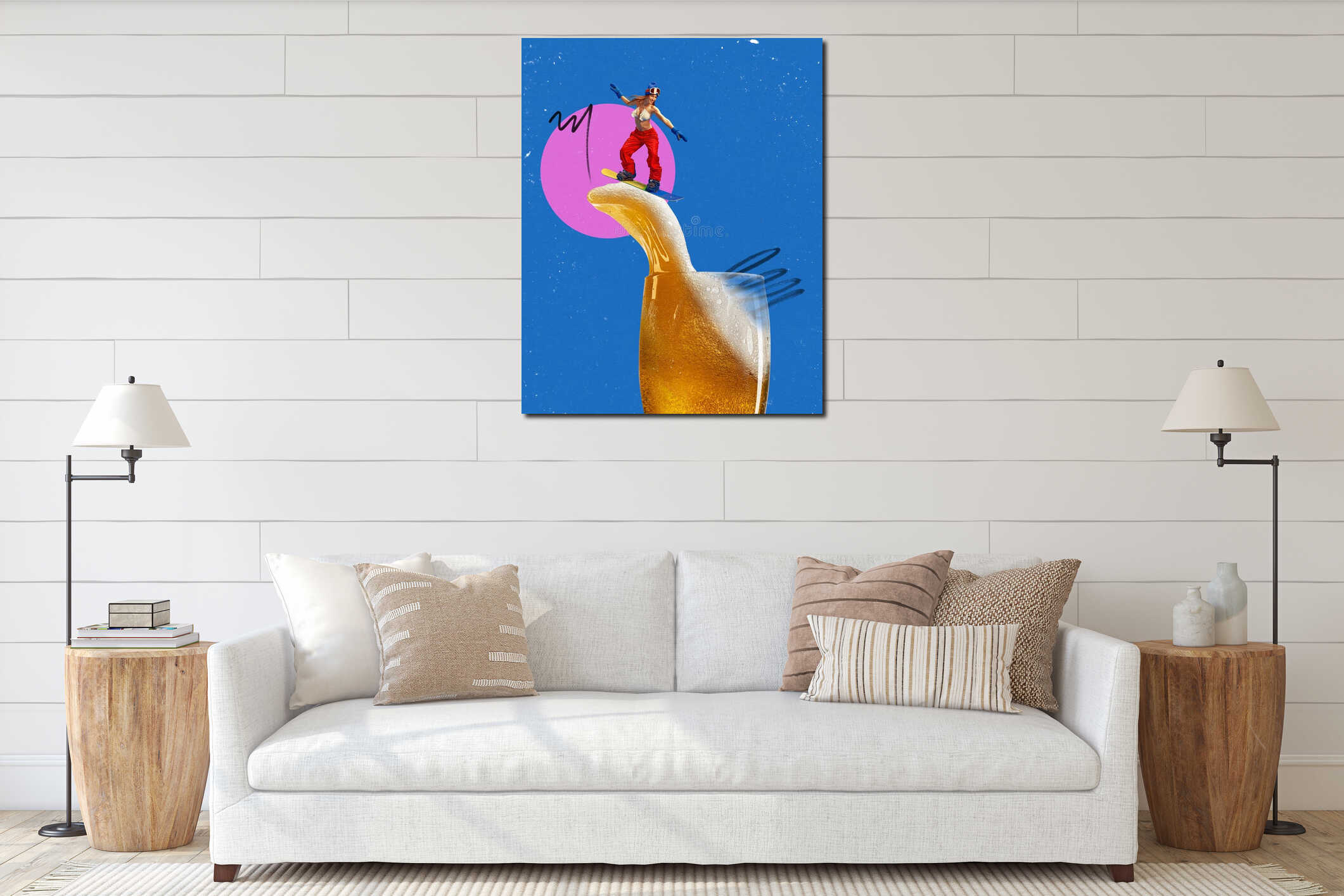 Woman in bikini top and winter pants, snowboarder riding foam of fresh glass of beer against vibrant blue background interior mockup