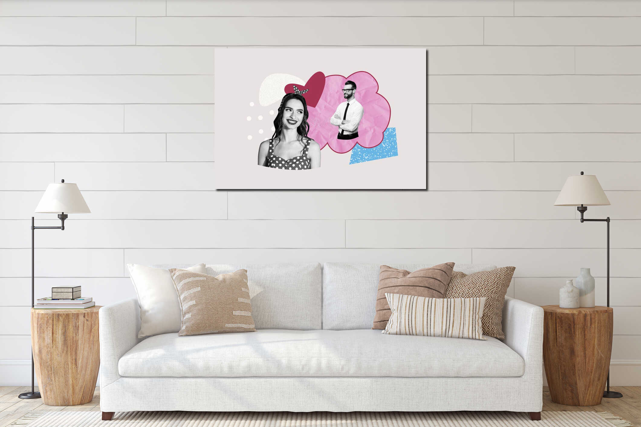 Composite trend artwork sketch image photo collage of couple love heart valentine day young lady pinup style dream interior mockup