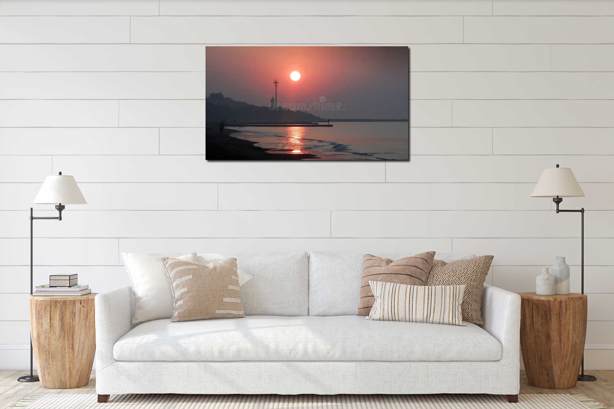 Sunset at Bibione Beach with Lighthouse Silhouette, Italy interior mockup