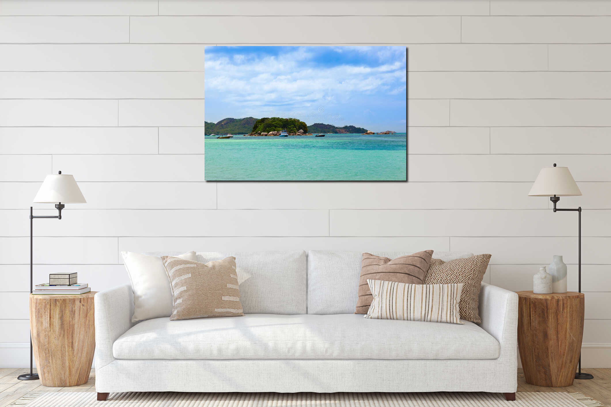Tropical beach Cote d'Or - island Praslin Seychelles interior mockup