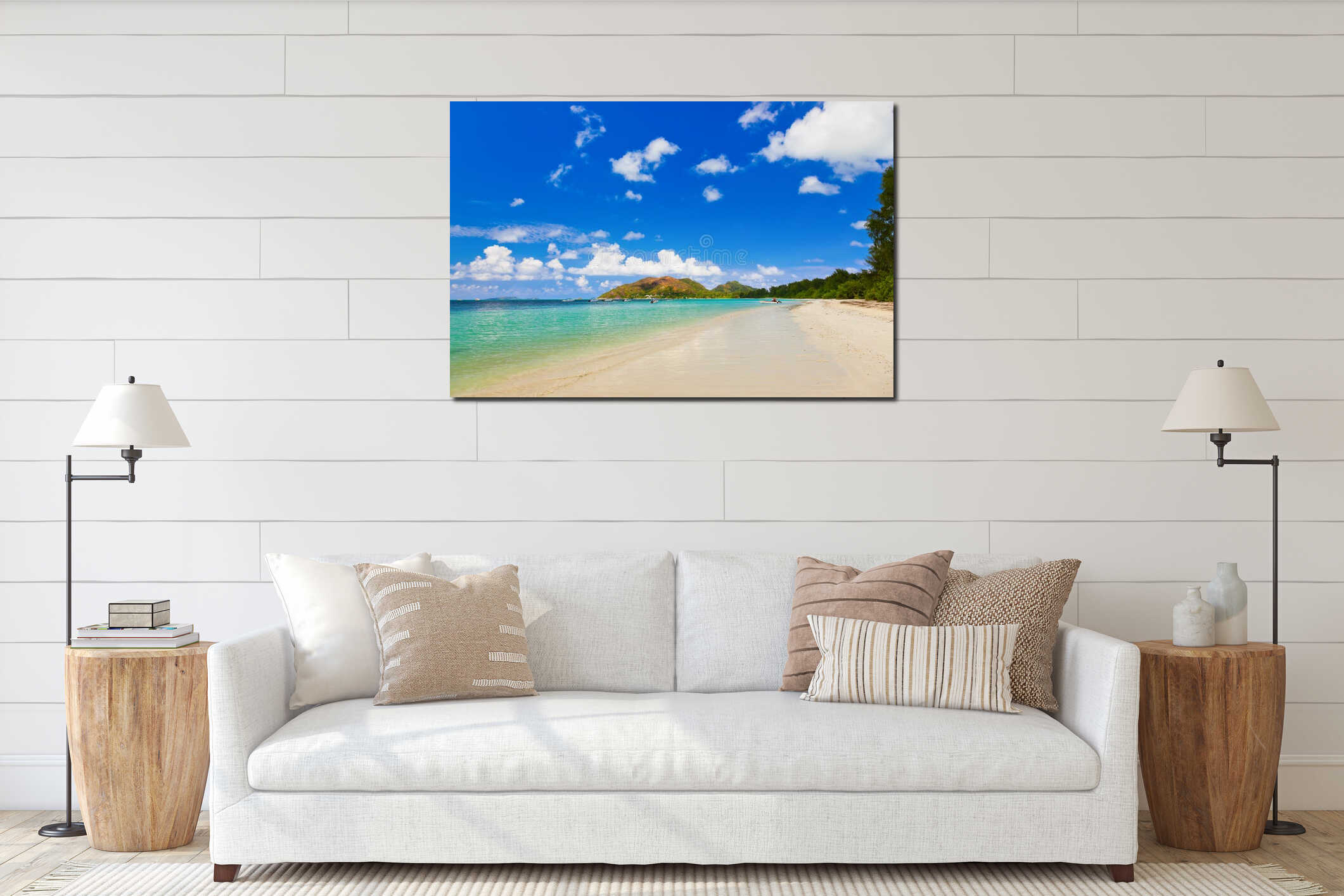 Tropical beach Cote d'Or - island Praslin Seychelles interior mockup