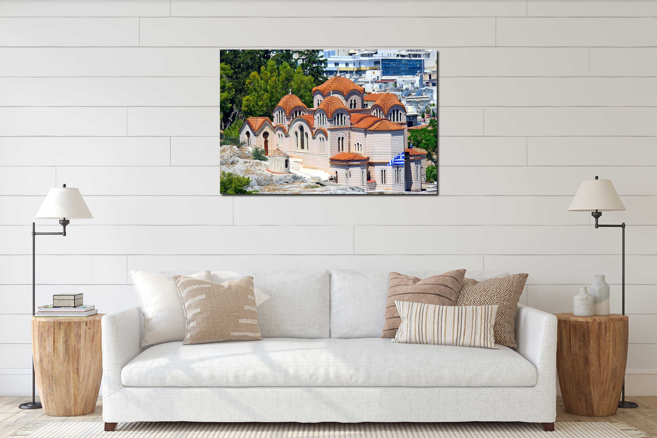 Afar view from the Acropolis of the Greek Orthodox Church of Agia Marina interior mockup