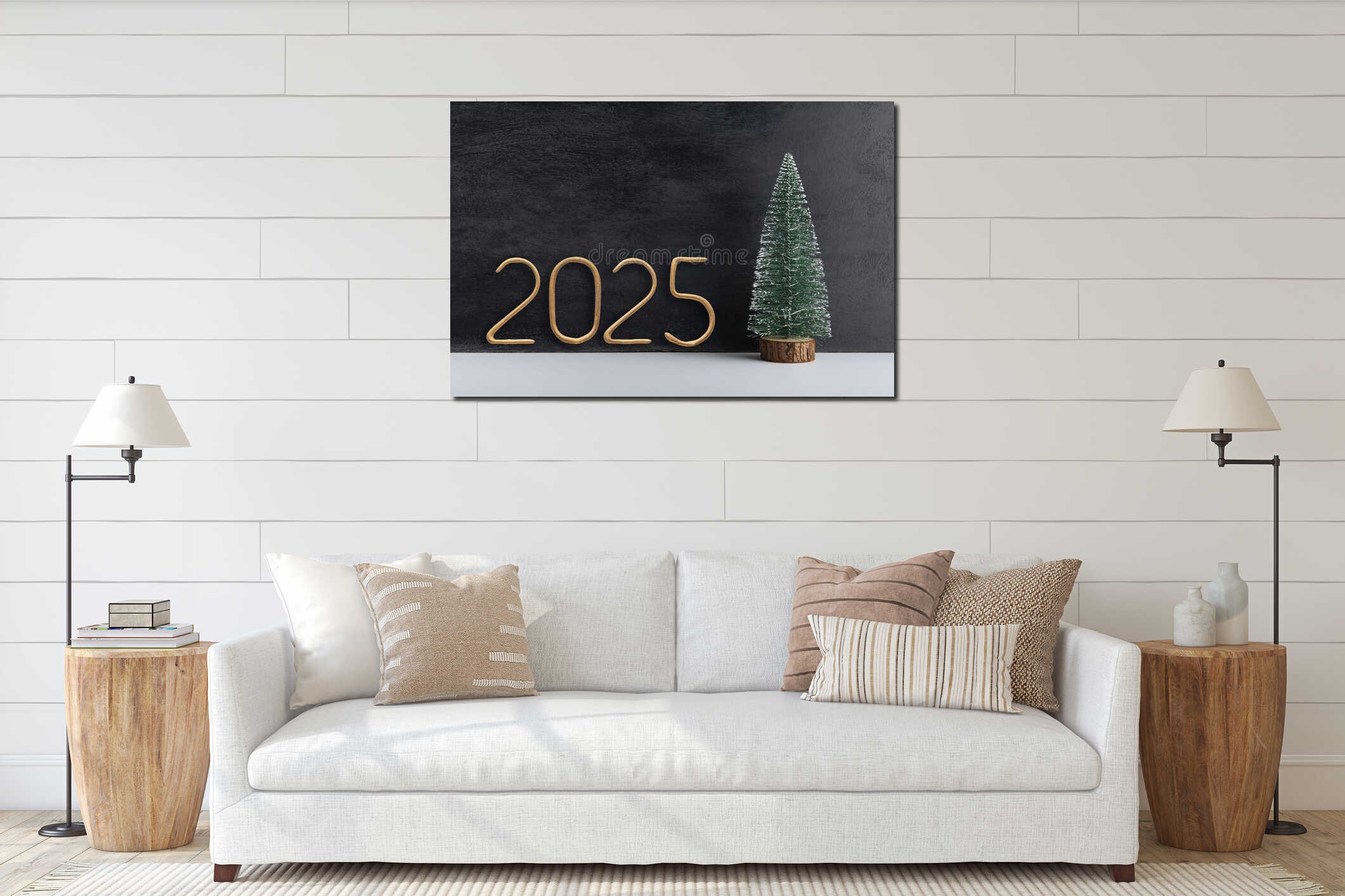 Artificial small Christmas tree on wooden stand and golden number 2025 on black background. New year interior mockup