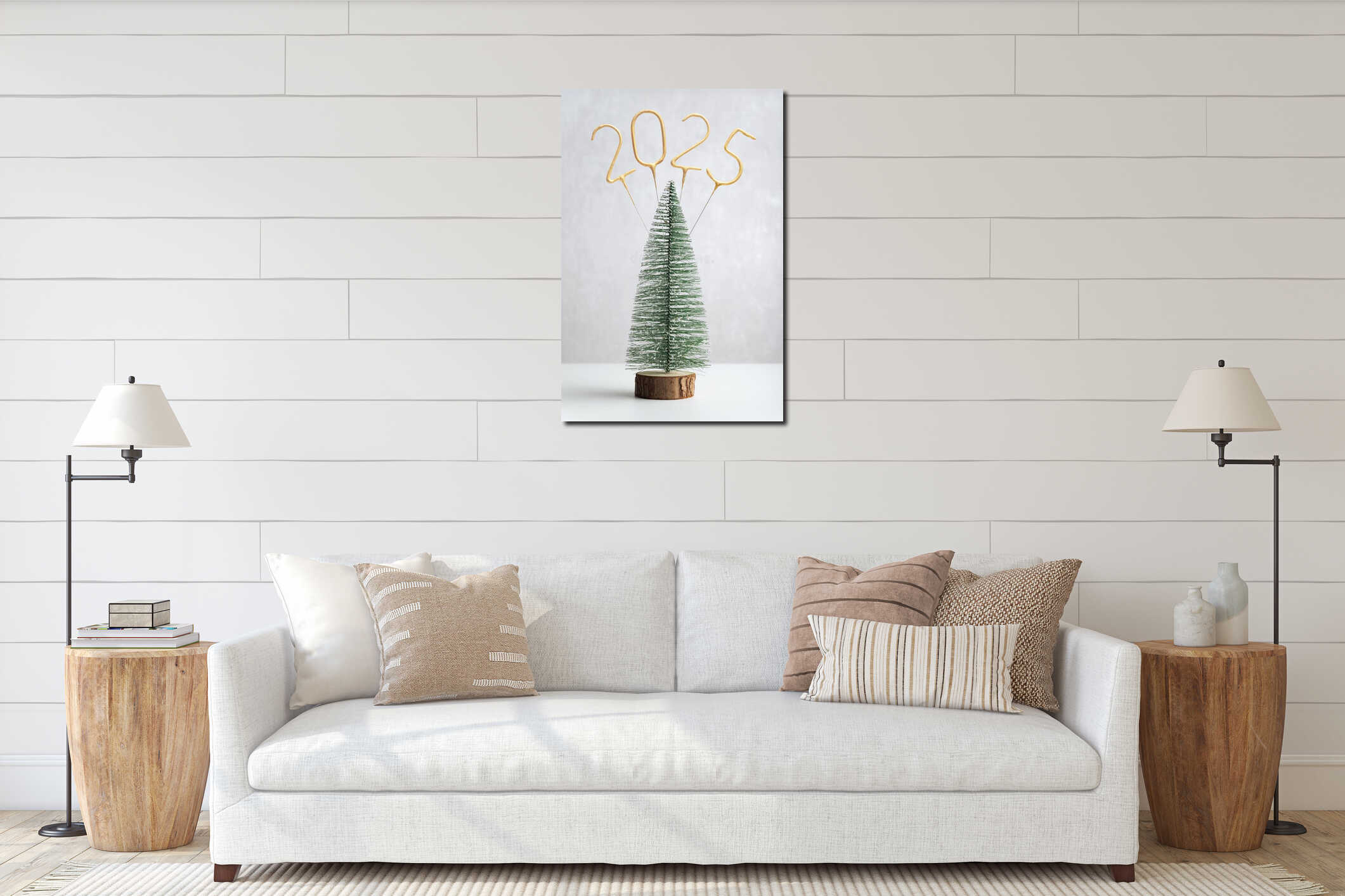 Miniature artificial Christmas tree and golden number 2025 on wooden stand on white background. Vertical frame interior mockup