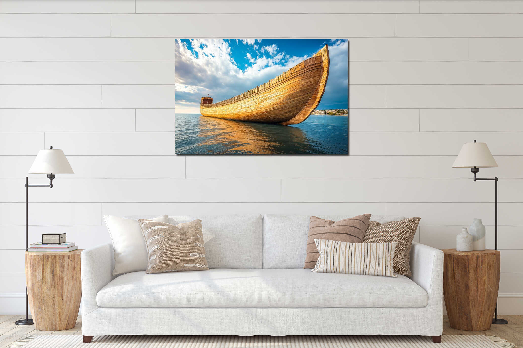 A wooden boat floating on top of a body of water interior mockup