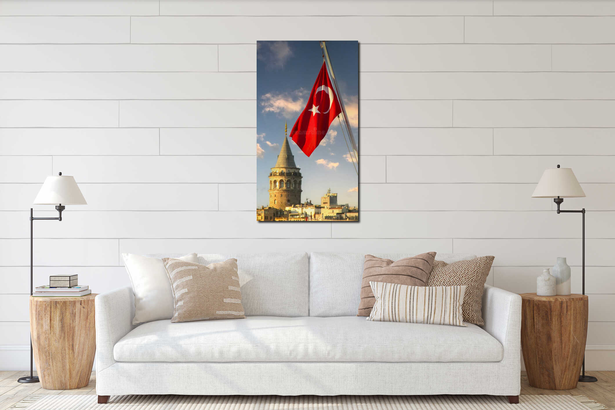 Turkish flag waving near Galata Tower, blending national pride with history interior mockup