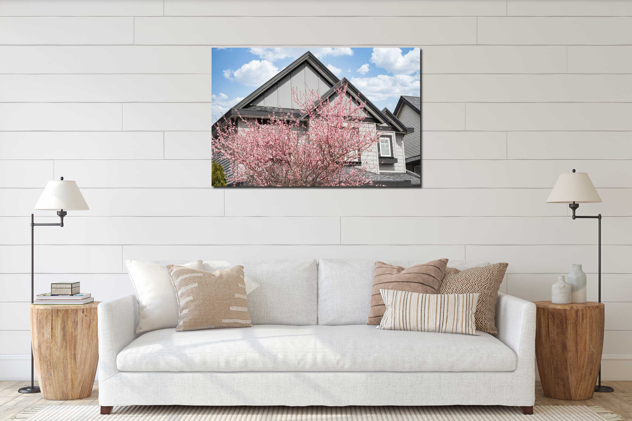 Facade of home featuring windows against a backdrop of blue skies and blooming Sakura, Beautiful Home Exterior interior mockup